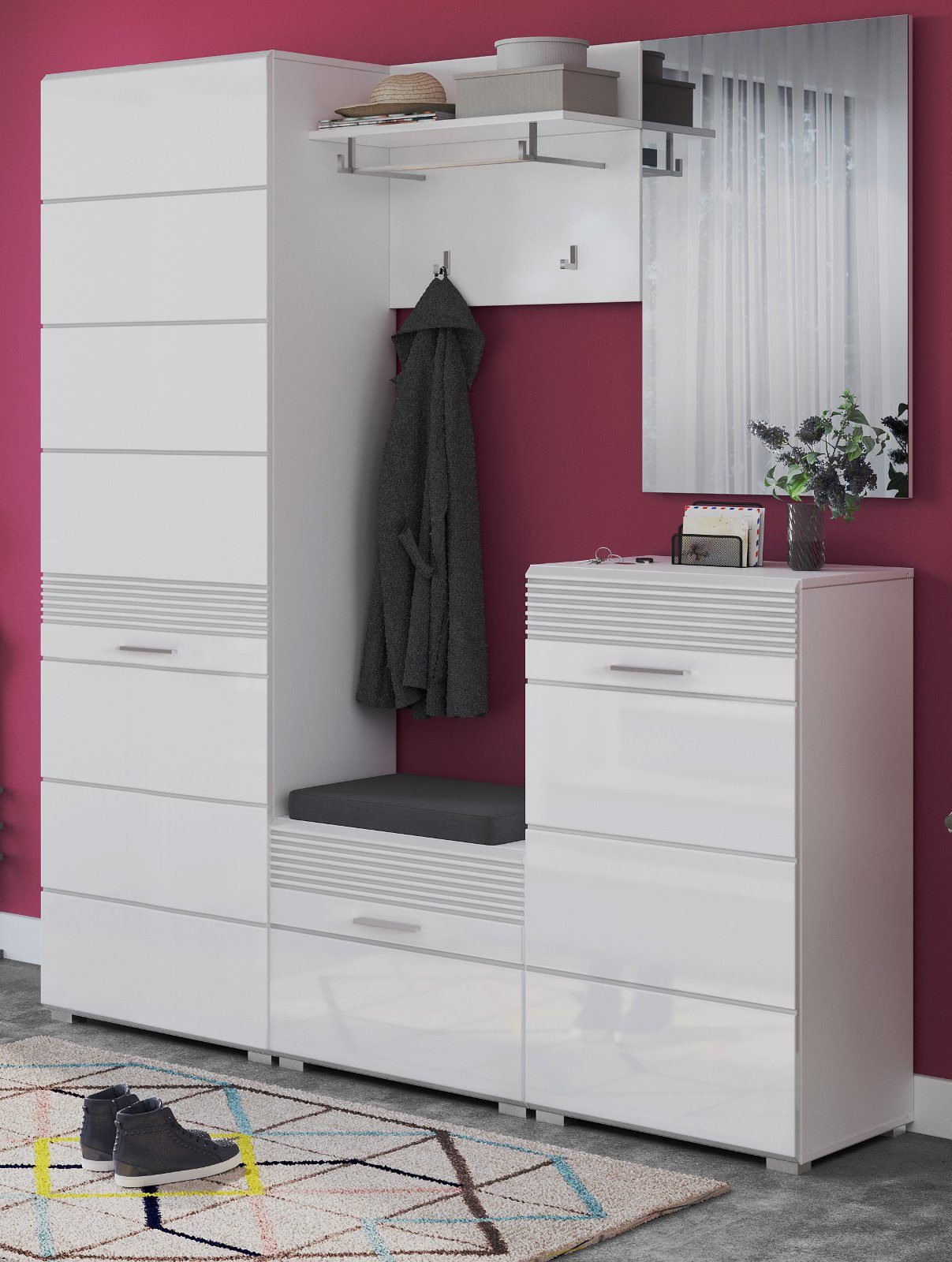 xonox.home Garderoben-Set »Linus«, (Garderobe 5-teilig in weiß Hochglanz,  BxH 170 x 190 cm), mit viel Stauraum