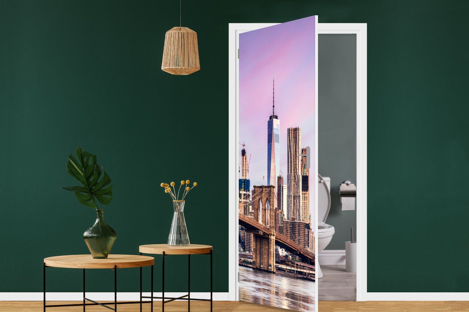 New cm für Tür, Türaufkleber, bedruckt, Matt, 75x205 (1 St), Fototapete Bridge Brooklyn Yorker Türtapete die Skyline, und MuchoWow