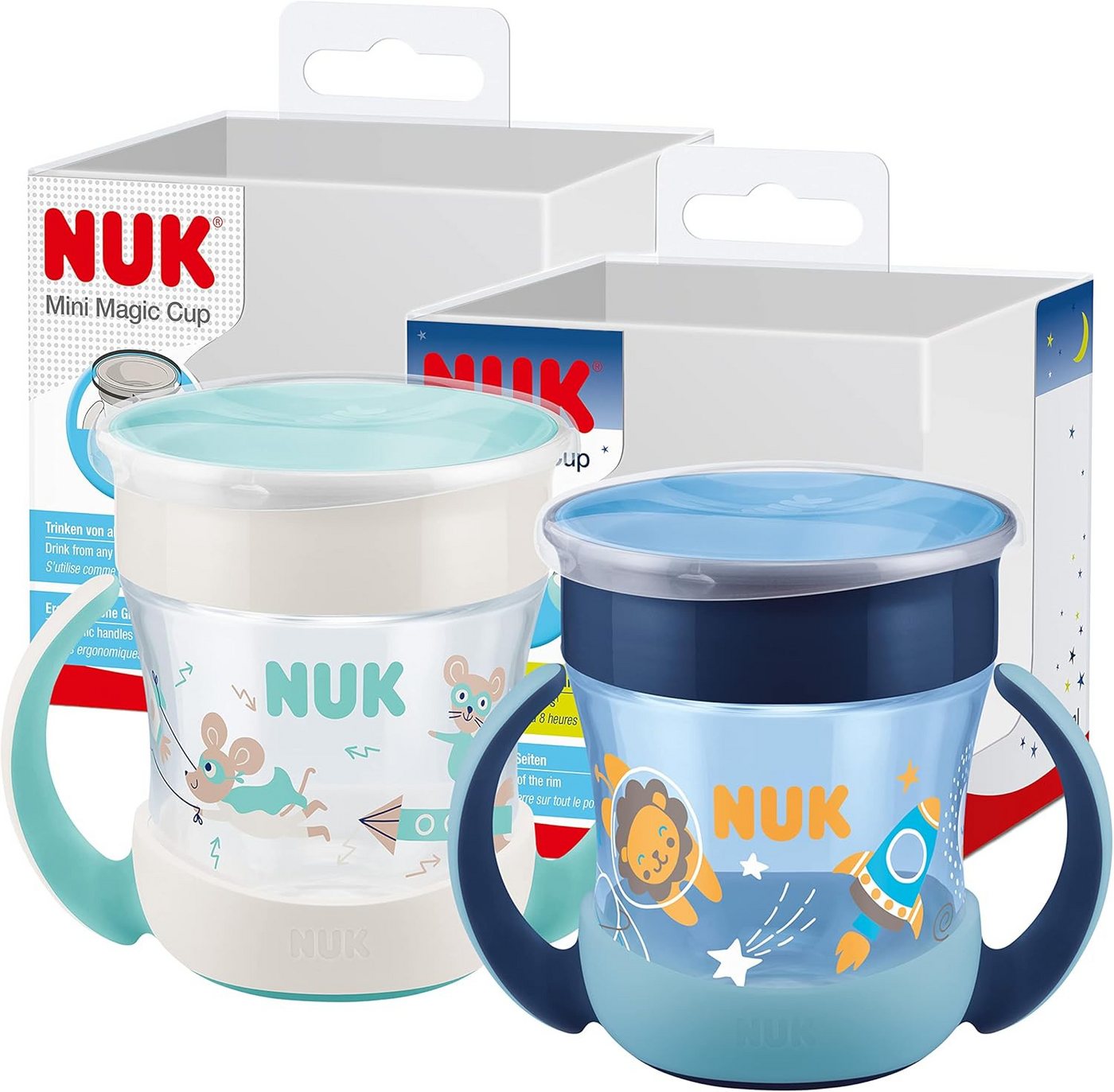 NUK Trinklernbecher NUK Mini Magic Cup GITD Blau – Leuchtend, 2er Pack, 2-tlg., 360°-Trinkrand