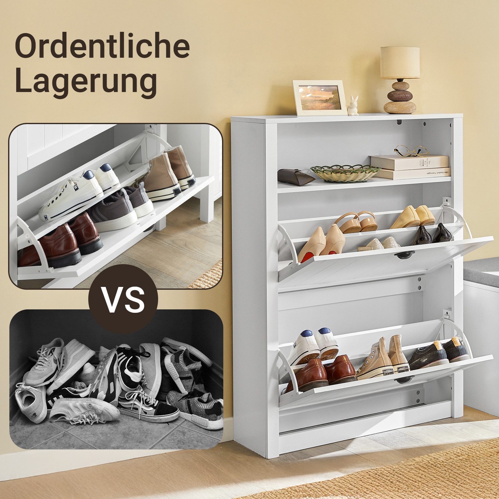 SoBuy Schuhschrank FSR87, Schuhkommode Schuhregal, Schuhschrank schmal Schuhkipper schmal mit 2 Klappen Schuhregal mit 4 Ablageflächen