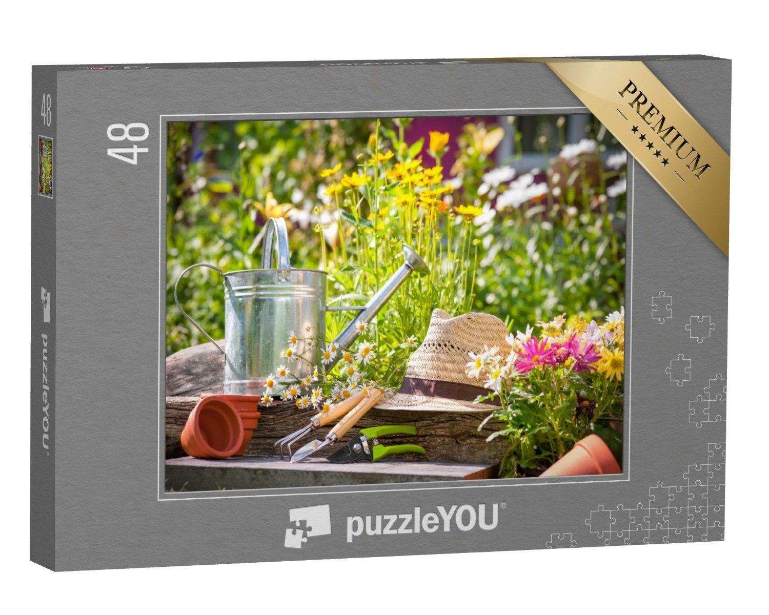 puzzleYOU Puzzle Gartengeräte und Strohhut im Garten, 48 Puzzleteile, puzzleYOU-Kollektionen Garten