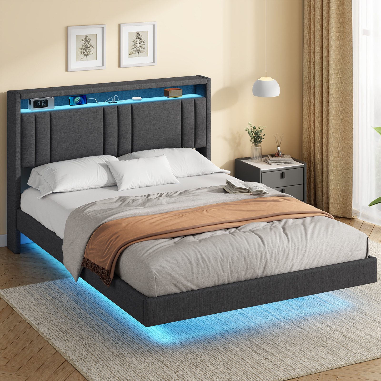 KIMENICH Polsterbett Schwebendes Doppelbett, Jugendbett mit RGB LED-Beleuchtung (Ohne Matratze), Kopfteil mit Stauraum und USB-C Ladestation, 140x200cm