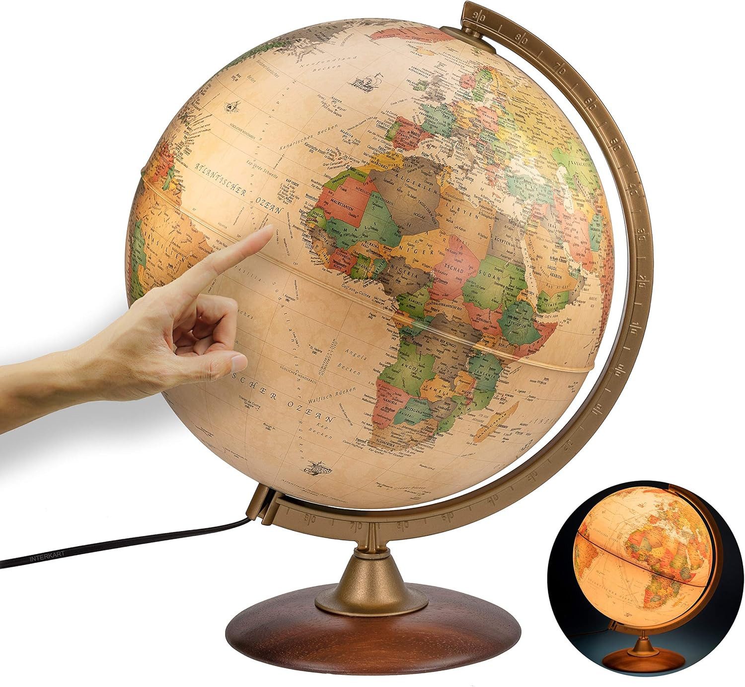 Interkart Landkarten & Globen GmbH Globus Antik-Leuchtglobus 30 cm mit Holzfuß und deutschem Kartenbild