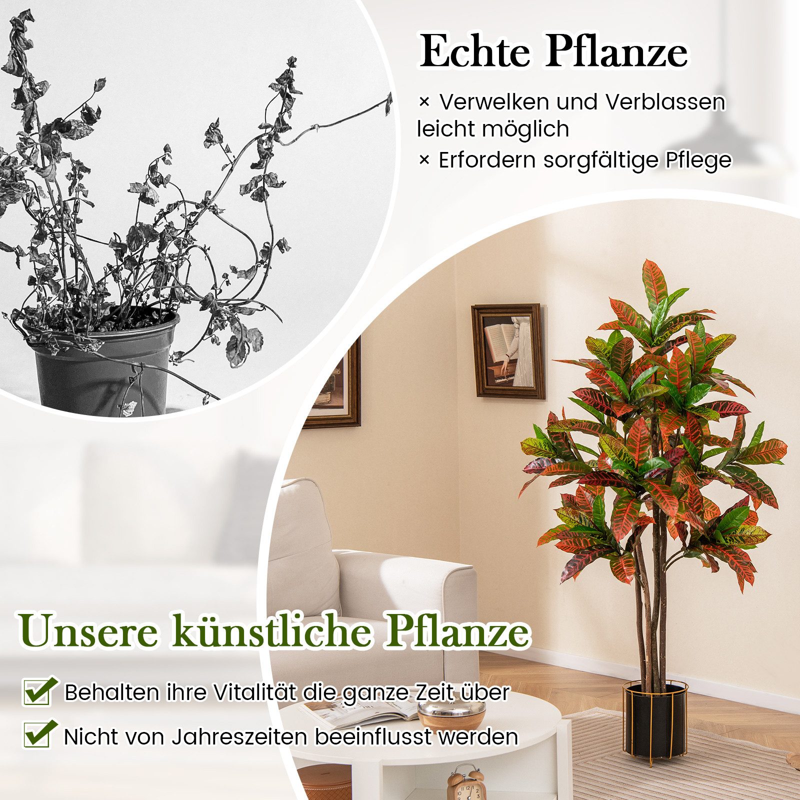 Kunstbaum Kroton, COSTWAY, Höhe 150 cm, Kunstpflanze 150cm, Künstliche Pflanze Kroton