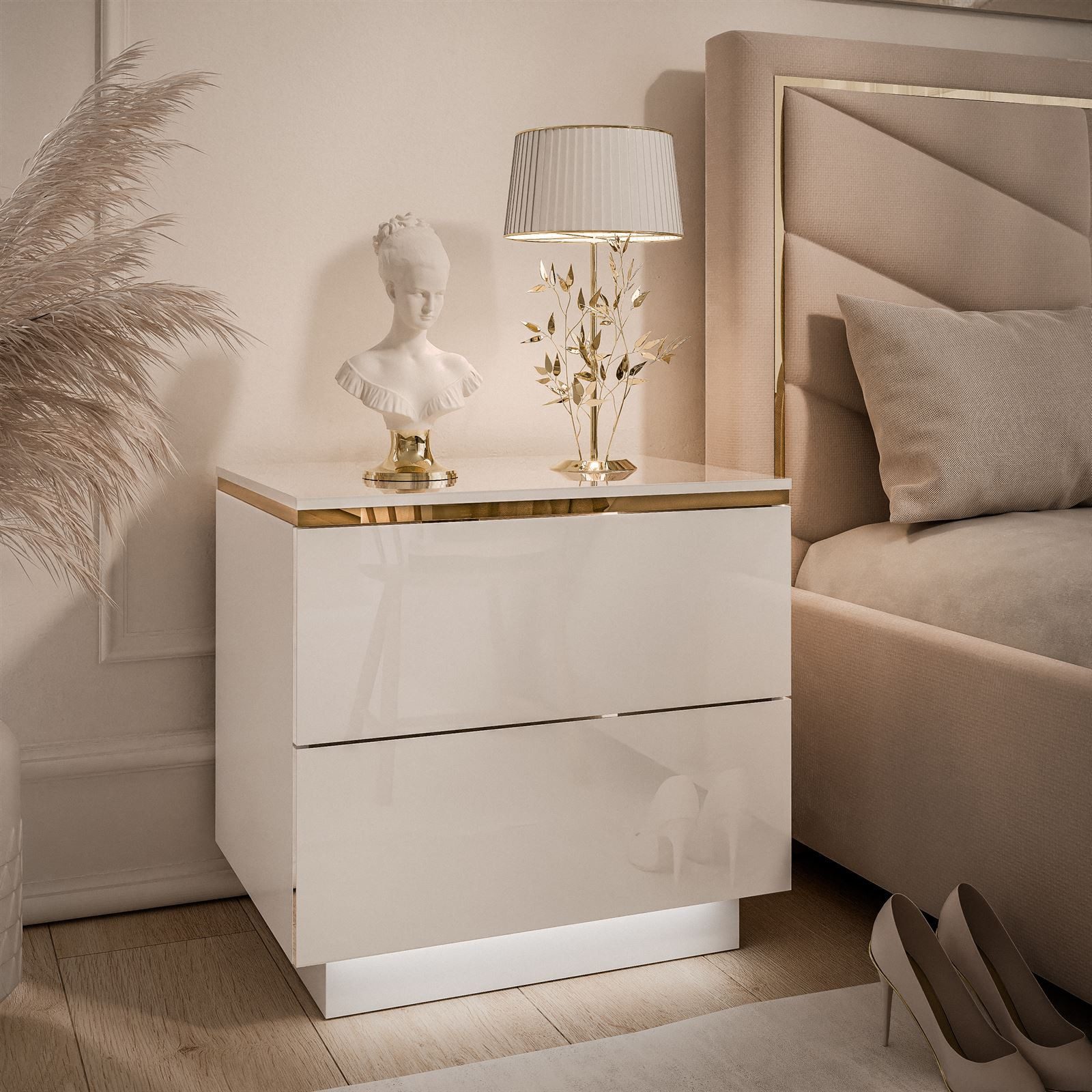 Lookway Nachttisch AURORA II im Weiß Hochglanz mit Beinen und LED-Beleuchtung (1x Nachttisch), Breite: 50 cm