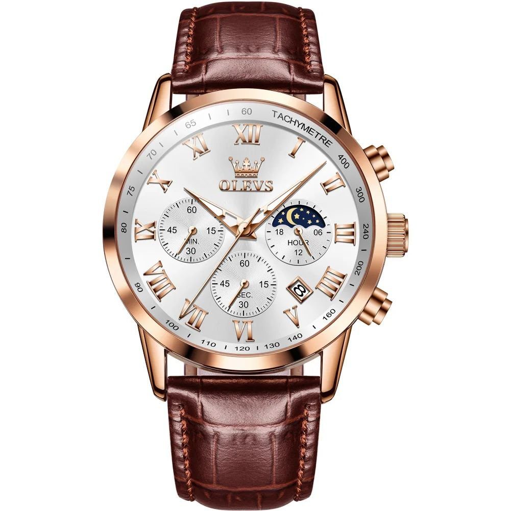 Quarzuhr Herrenuhr Chronograph mit Tag & Nacht Anzeige Braunes Lederarmband 5529
