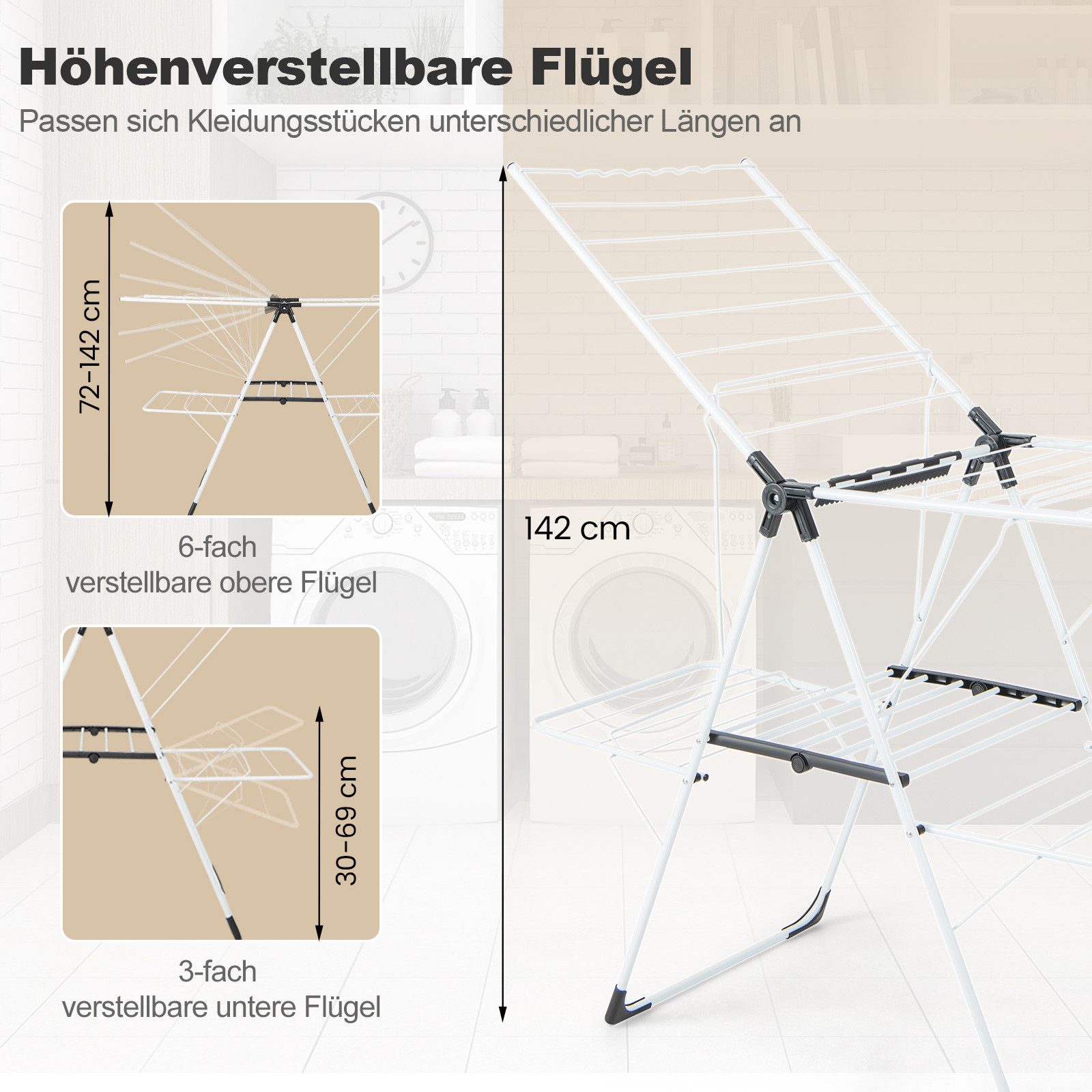 COSTWAY Flügelwäschetrockner, mit Flügeln, 2 Ebenen, höhenverstellbar, klappbar