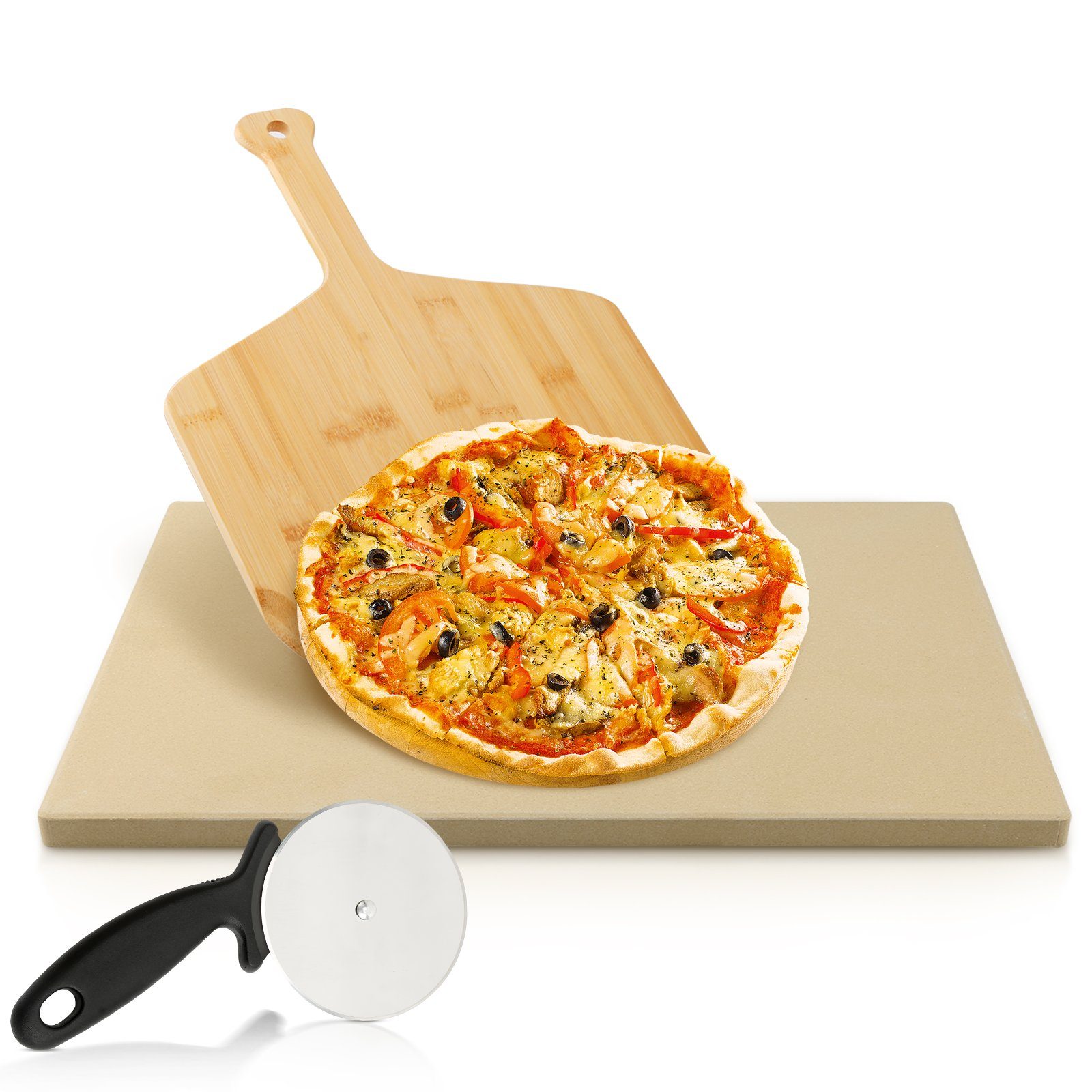 Clanmacy Pizzastein »Pizzastein, Cordierit, für Backofen Grill aus  Cordierit - 38x30cm Pizza Stein für Ofen mit Pizzaschaufel - Gasgrill  Holz-Kohle Herd Teller rechteckig-3er-Set«, Cordierit, für Grill oder  Backofen