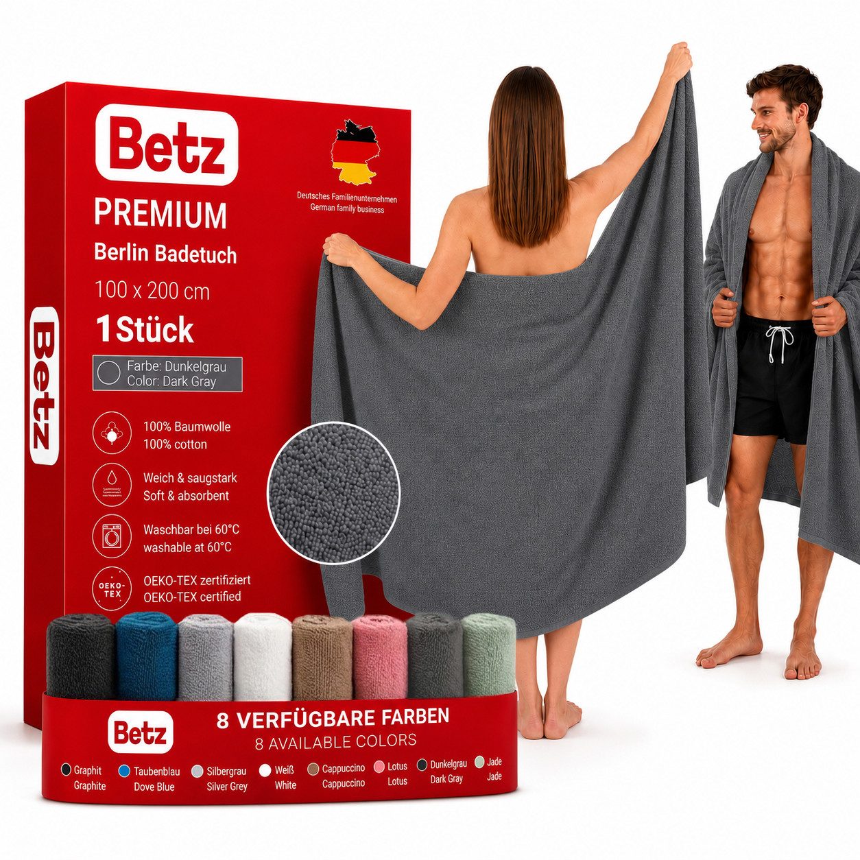 Betz Badetuch Berlin Größe 100 x 200 cm Saunatuch & Strandtuch 360 g/m², 100% Baumwolle (1 Stück, 1-St), saugstark & weich – großes Handtuch mit Aufhänger – Serie Berlin