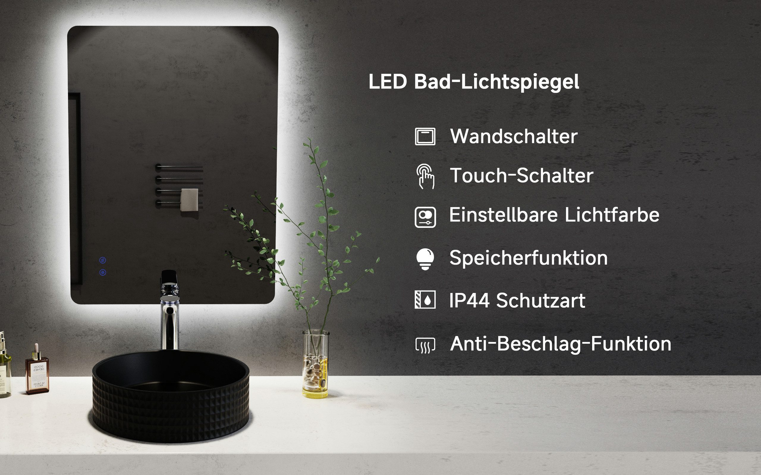 welltime LED-Lichtspiegel Toledo eckig, Spiegel mit LED Beleuchtung, Badspiegel, mit Anti-Fog Beschichtung
