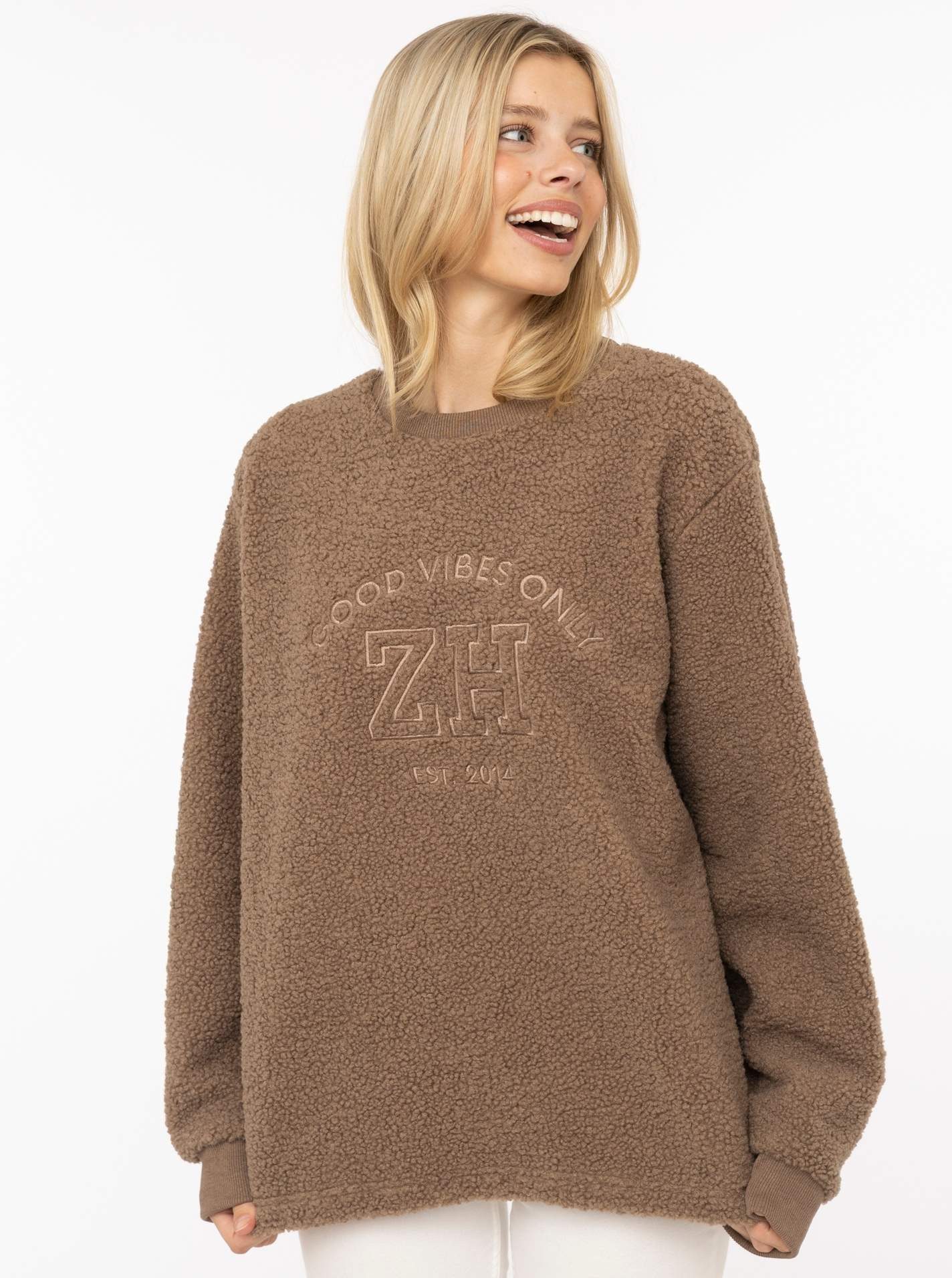 Zwillingsherz Sweatshirt "Good Vibes" Teddy Sweater, Prägung auf Vorderseite, Rundhals, Ärmelbündchen