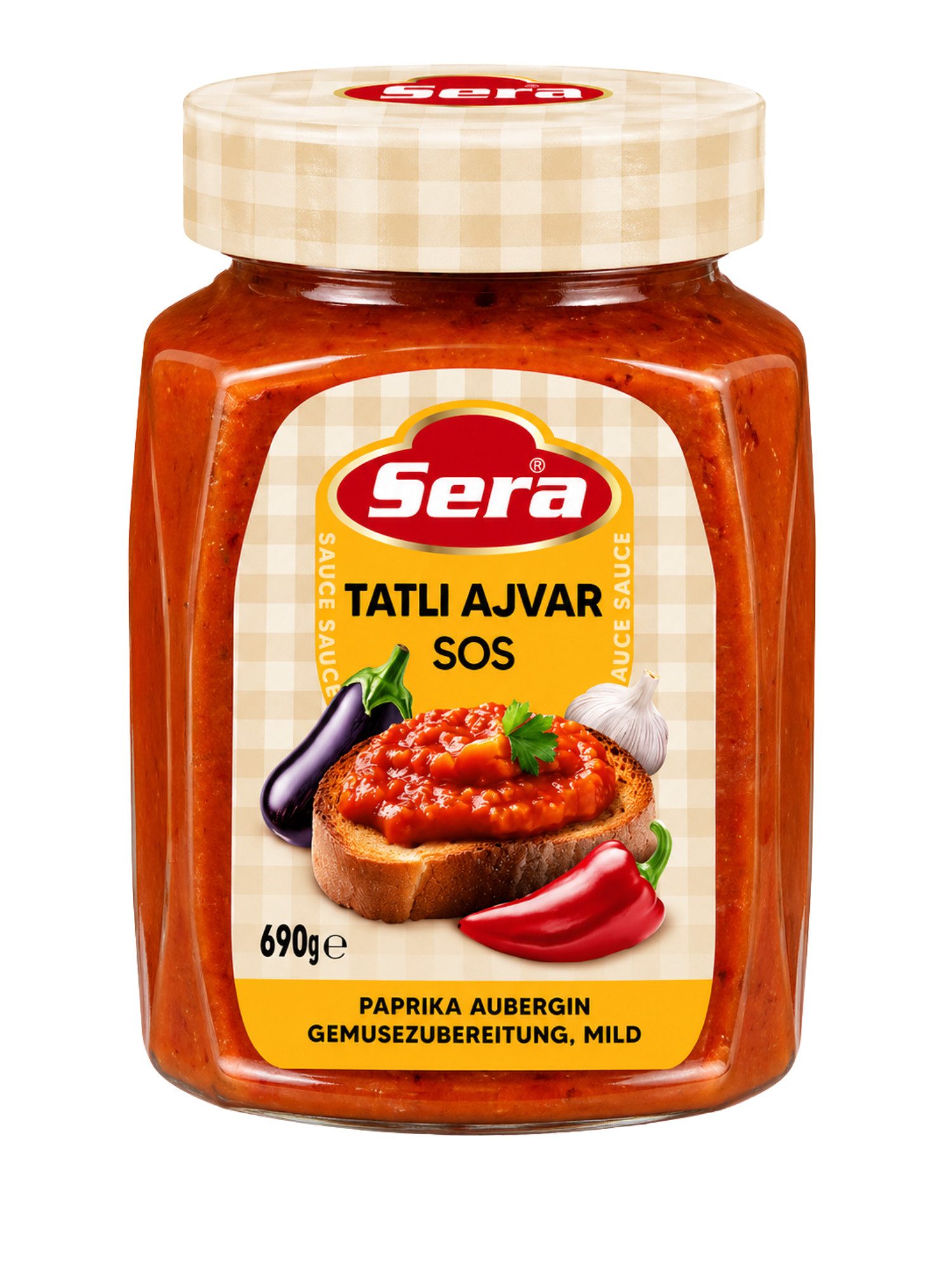 SERA FOOD Saucen Sera Ajvar Paprika-Auberginen-Aufstrich, 1 x 690 g, Als Aufstrich, Dip oder Beilage, 1 Glas der gewählten Sorte und Größe