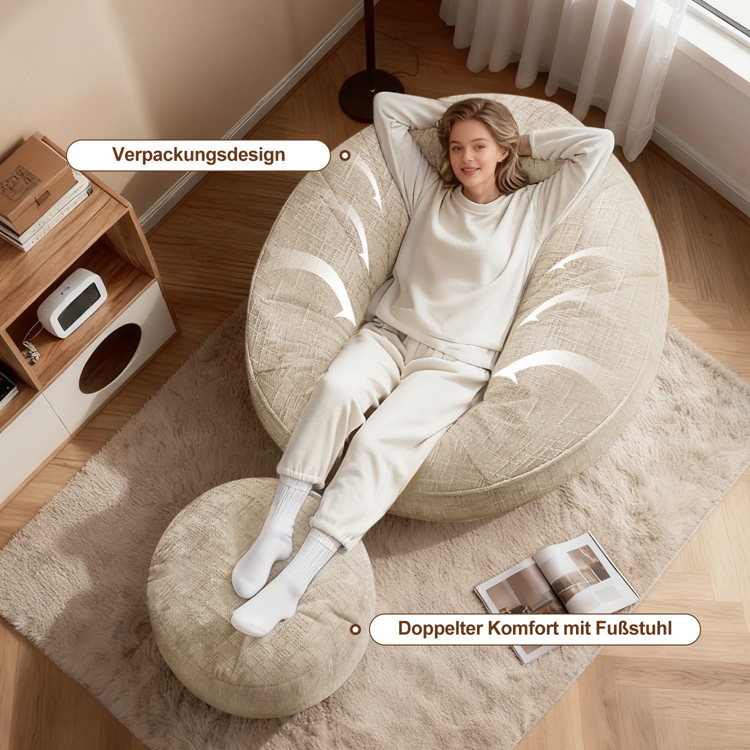 Lexzurn Sitzsack Sitzsack Lazy Sofa Gaming Sitzsack mit Hocker, Sitz Sack mit (Granularer-MemorySchwamm Füllung, Lounge Sessel, Lounge Stuhl, 97x93x77 cm Couch für Erwachsene und Kinder), Weich und Formstabil, Für Schlafzimmer, Büro und Wohnzimmer