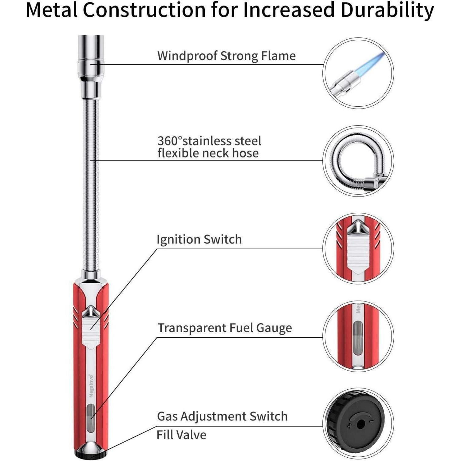 Megainvo Stabanzünder Stabfeuerzeug Gas Nachfüllbar Sturmfeuerzeug Jetflamme Flexibel Rot