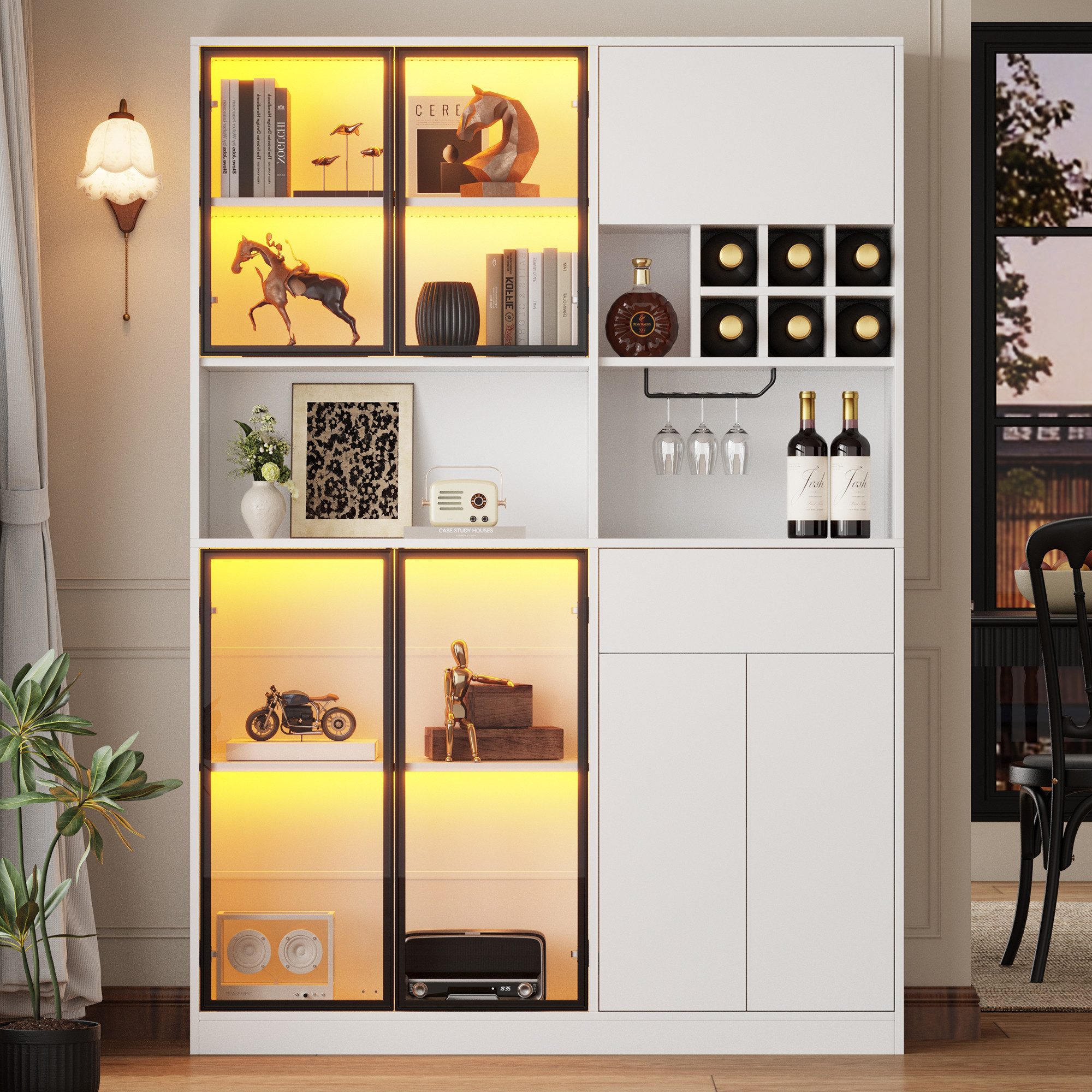 Merax Standvitrine mit LED-Beleuchtung, Hochschrank mit 4 Glastüren aus Sicherheitsglas (1-St) Vitrine mit Schublade,7 Türen,9 offene Fächer,6 Weinregale,Glashalter