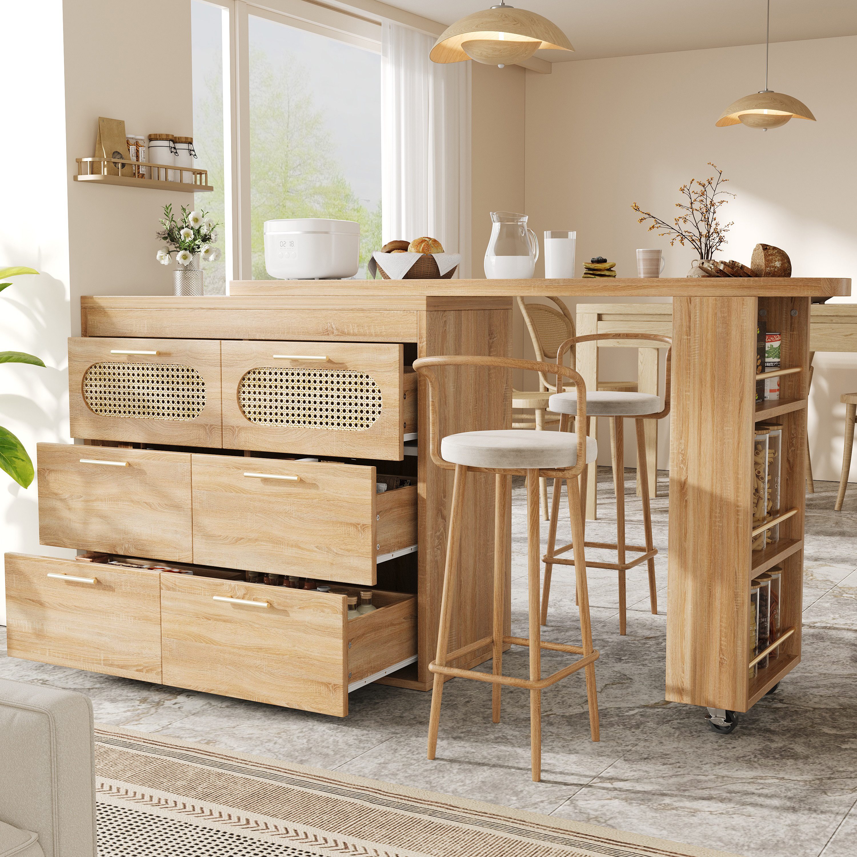 Flieks Bartisch 360° drehbar Stehtisch & Kommode mit Rattan-Schubladen (Set, 2-St., schwenkbarer Tisch mit Schrank), ausziehbar Esstisch mit Ablagen und Rollen Sideboard Holzoptik