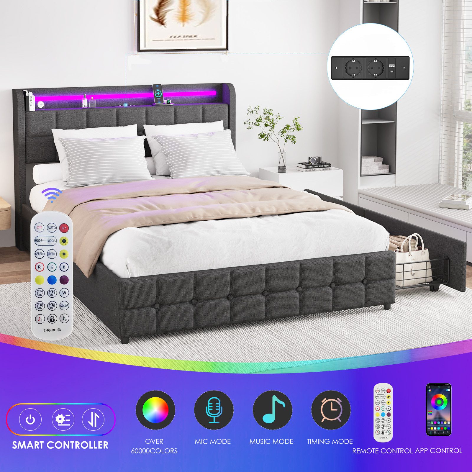 oyajia Polsterbett LED Polsterbett 140x200cm, Doppelbett günstig online kaufen