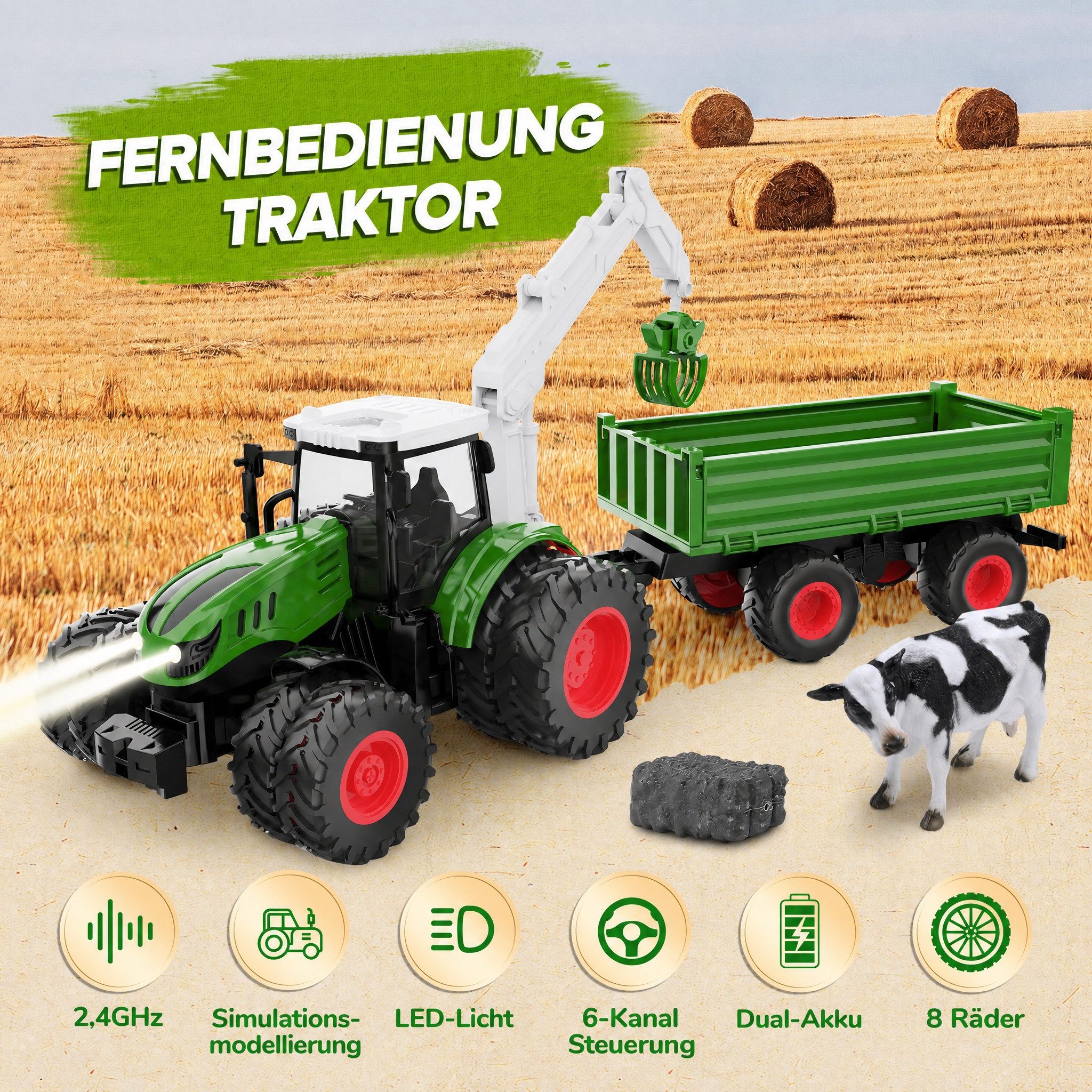 Wootoy RC-Traktor Ferngesteuerter Traktor mit 2,4-GHz-Fernsteuerung und 8-Rad-Antrieb (LED-Licht und 6-Kanal RC Traktor Spielset, 1-tlg., mit Bewegliche Anbauteile und stabile Scharnierkonstruktion), profilierten Gummireifen für Traktion auf verschiedenen Untergründen