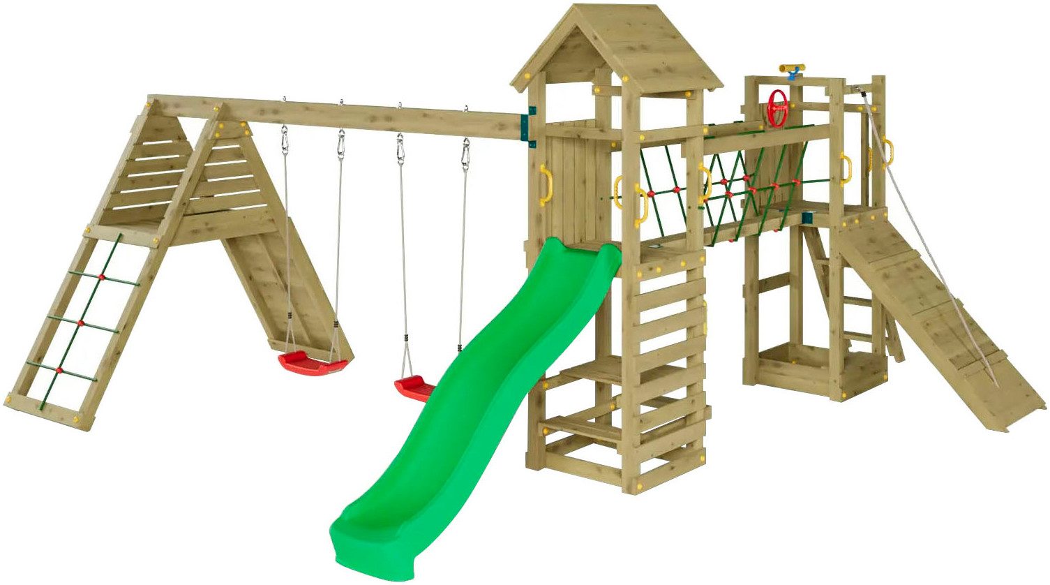 FUNGOO Spielturm Maxi Funny Carnival, Spielturm mit Rutsche, Schaukeln, Kletterwand und Seilbrücke