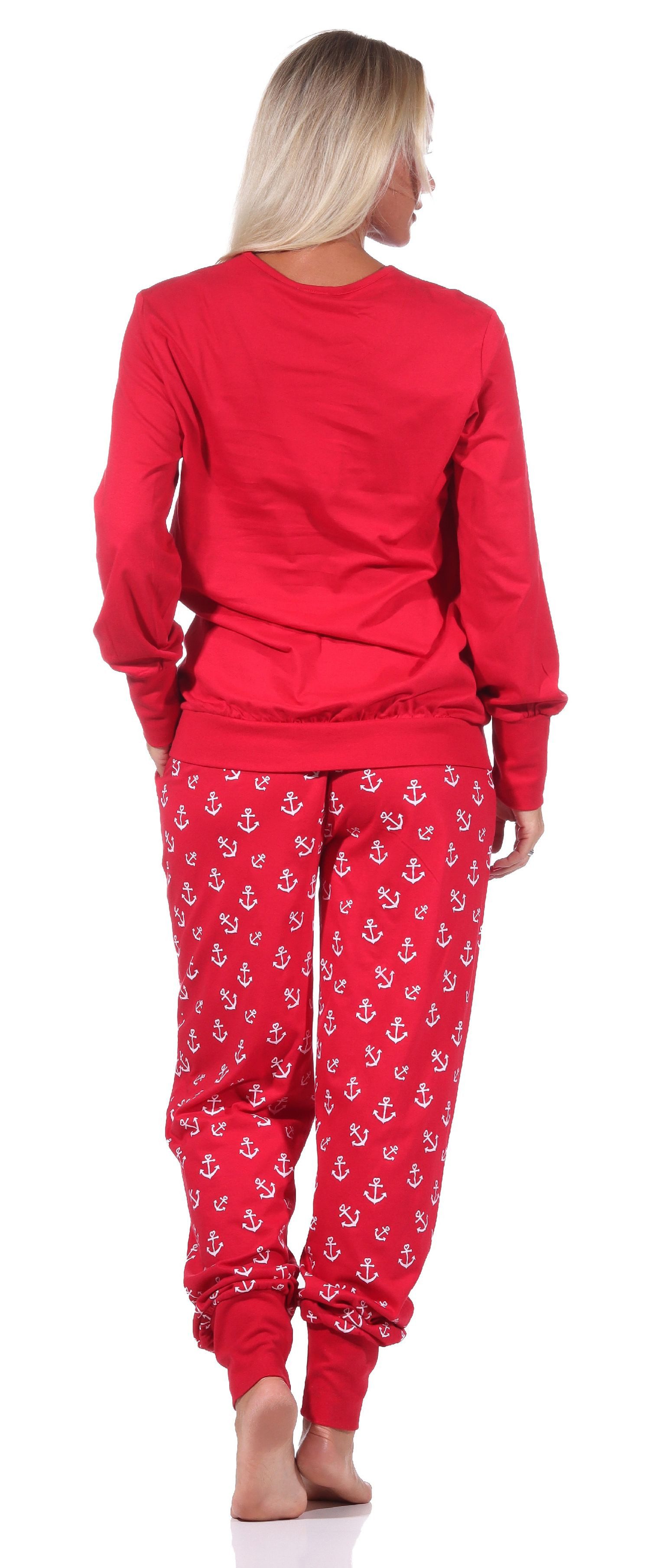 Normann Pyjama Damen Schlafanzug mit Bündchen in maritimer Optik mit Anker als Motiv – Bild 3 von 4