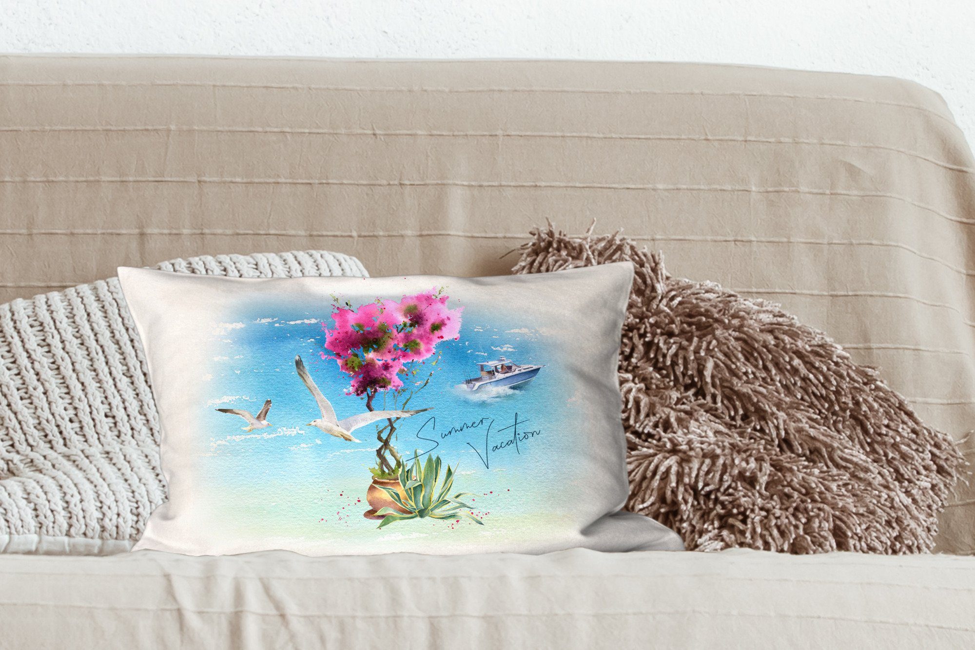 Schlafzimmer Dekoration, Aquarell, - Wohzimmer Boot Füllung, - Blume mit Dekokissen MuchoWow Dekokissen Zierkissen,