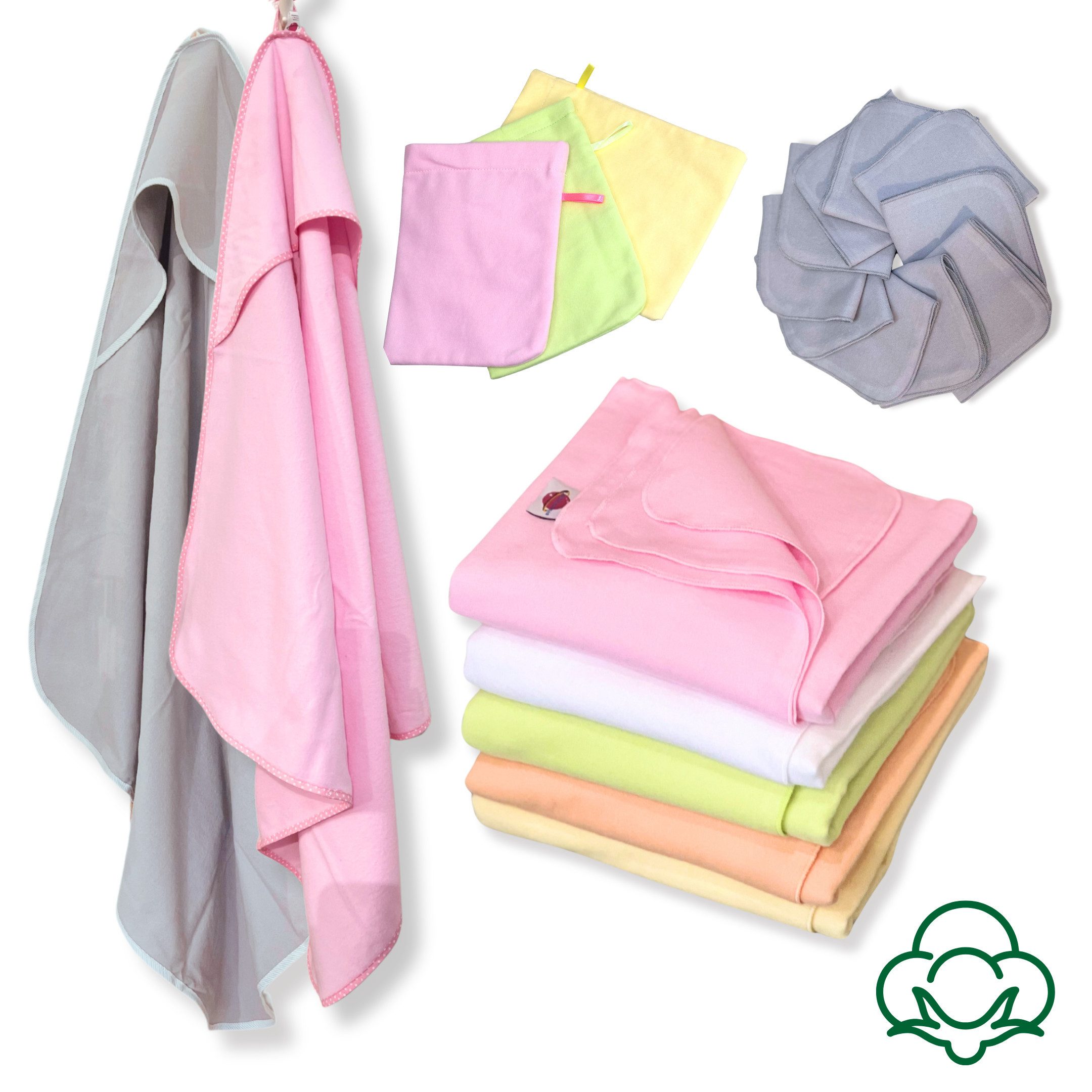 Babymajawelt Kapuzenhandtuch Baby Starter Set Pflege Erstausstattung Moltontücher Waschlappen, Babyerstausstattung Neugeborene Bad & Pflege Set - Made In EU