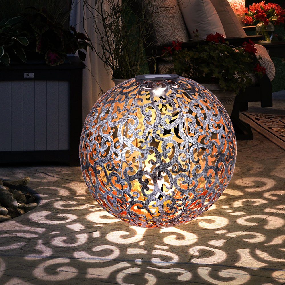 etc-shop LED Solarleuchte, LED Design Solar Kugel Steck Leuchten rost silber Garten Außen silber antik D 28.5 cm
