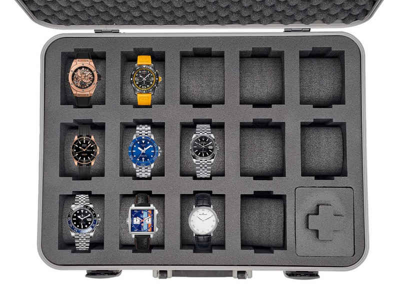 MC-CASES Uhrenbox Uhrenkoffer aus Aluminium für bis zu 14 Uhren (14 St), Platz für bis zu 14 Uhren, aus Aluminium.