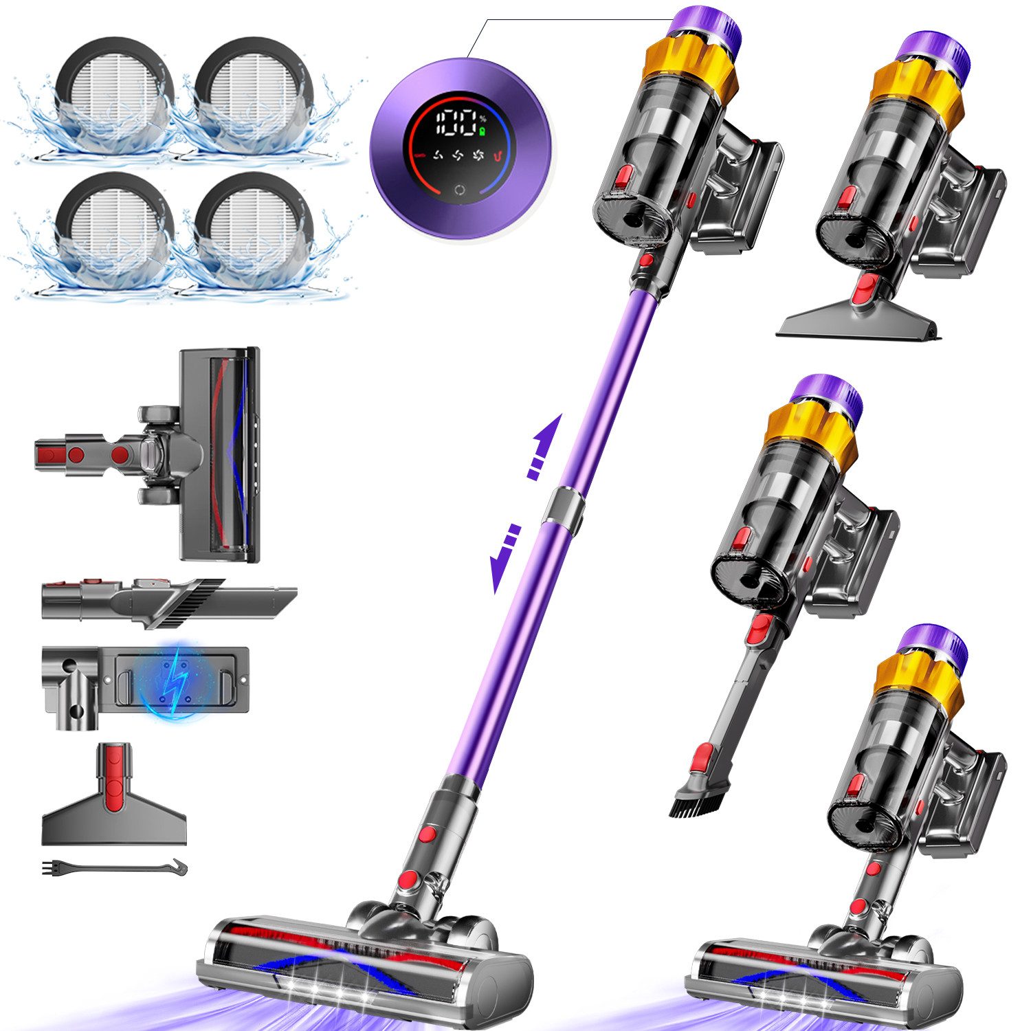 Hiazurm Akku-Hand-und Stielstaubsauger Akku Staubsauger, 80000Pa/70Min/1,8L Kabelloser Staubsauger, Vielseitiger Akkusauger für Teppich, Hartboden, Tierhaare, HEPA*4, Akkustaubsauger LED-Licht Bürste für Teppiche, Mit LED Display