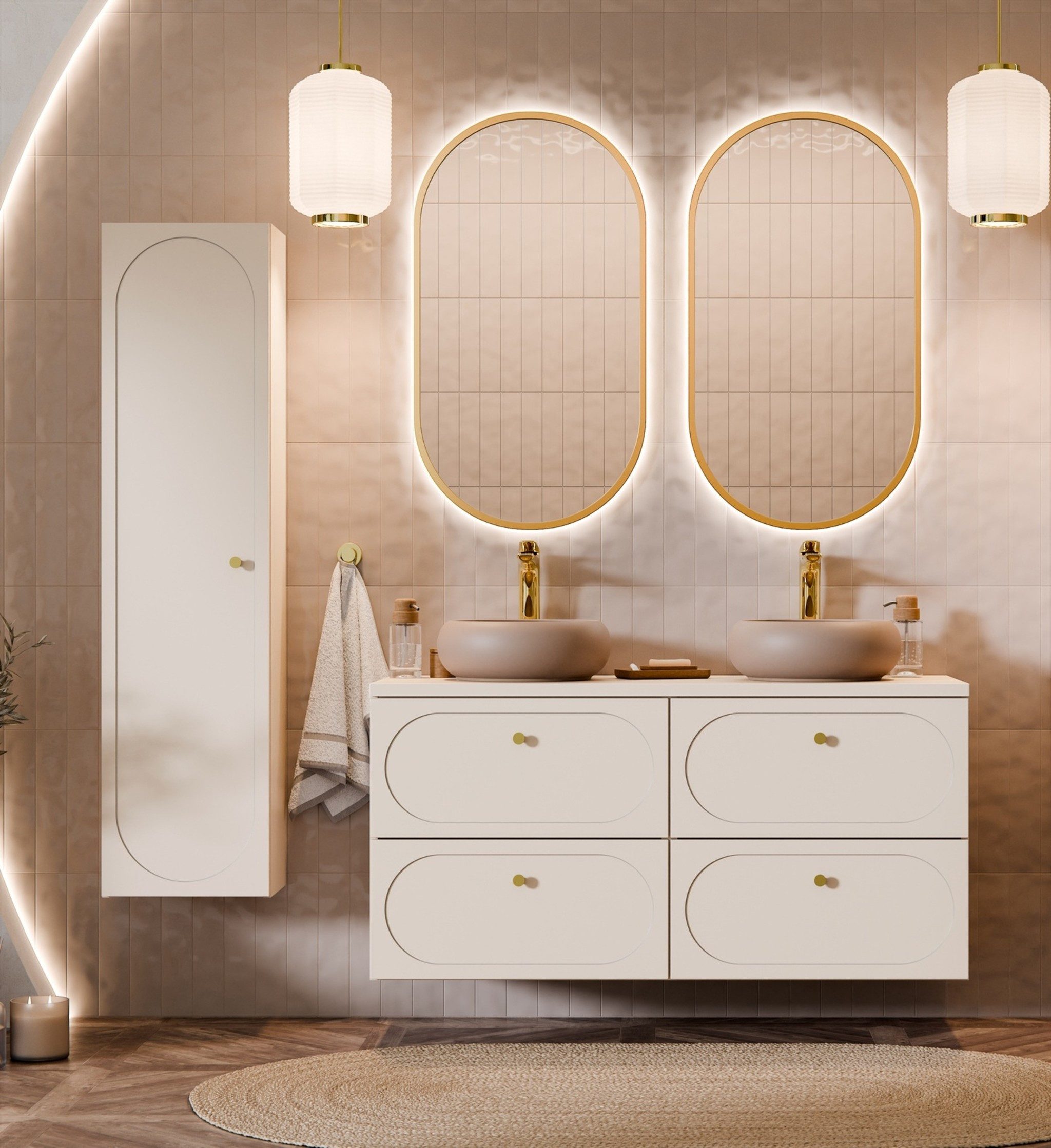 Fun Möbel Badezimmer-Set Serie KONA 5/7teilig Sand Beige Schrank links, (Set, 7-St., Hängeschrank Links), mit oder ohne Waschbecken bestellbar