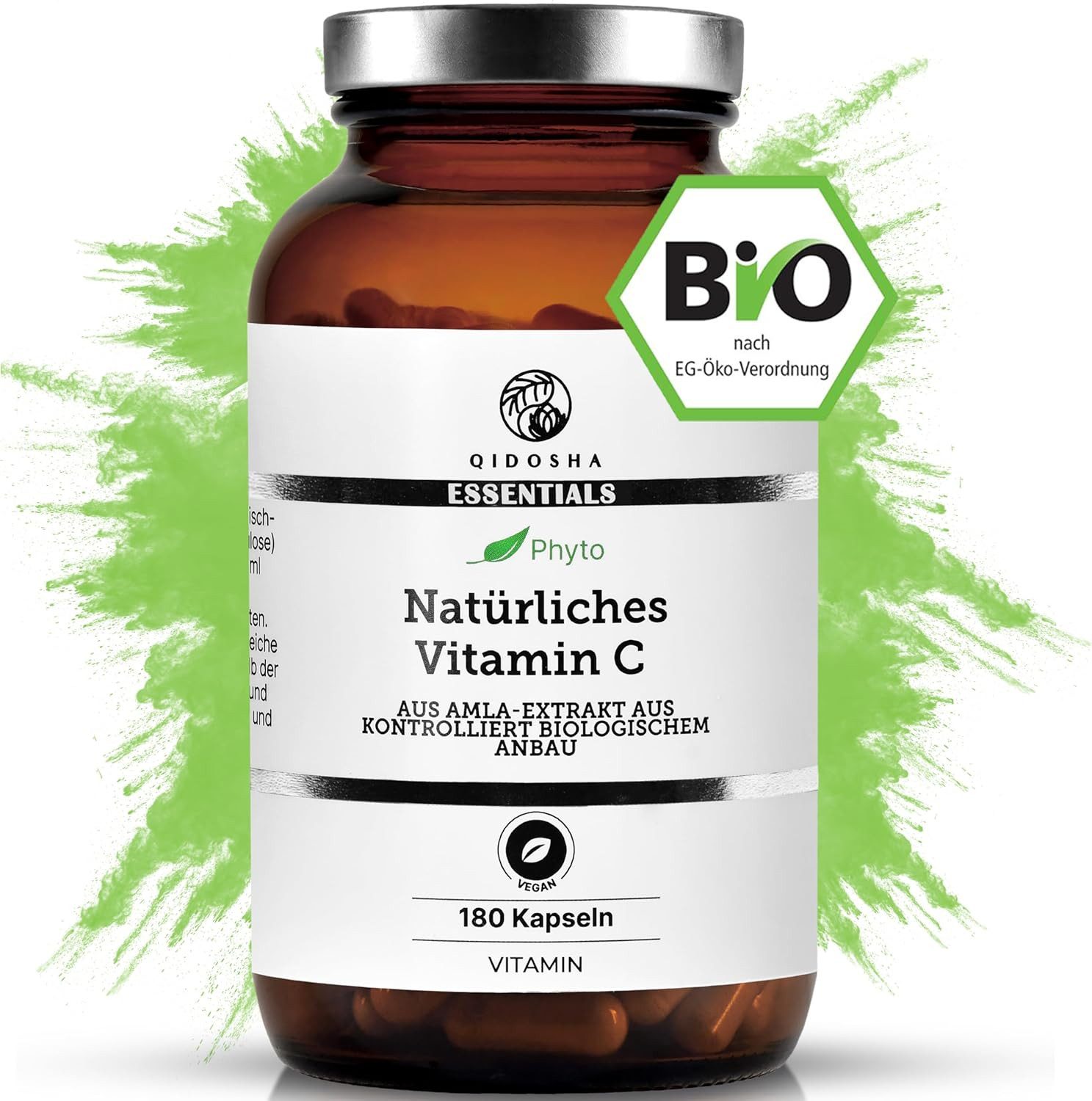 QIDOSHA Vitamin C (pflanzlich) aus Bio-Amla-Extrakt Kapseln, natürlich, 250mg Bio Vit C aus 500mg Amla-Extrakt je Kapsel, 180 Stk im Glas, höherer Vit C Anteil als Acerola à 180 St., 111.6 g