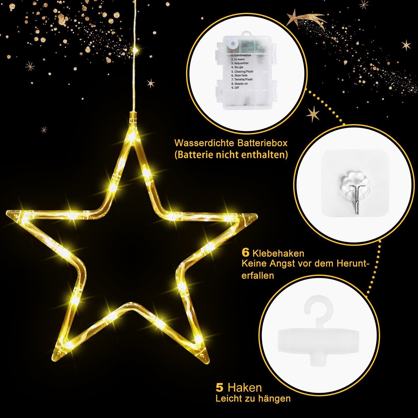 Quntis LED-Lichterkette Weihnachtsdeko Fenster Stern, beleuchtete Weihnachtsbeleuchtung, Lichterkette Sterne mit Timer Innen/Außen, Weihnachtsstern Fensterdeko – Bild 3 von 5