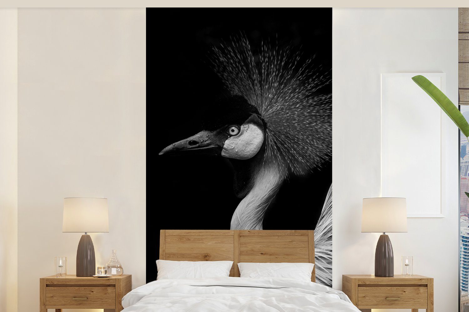 MuchoWow Fototapete Kranich - Schwarz - Weiß - Vogel - Tiere, Matt, bedruckt, (2 St), Vliestapete für Wohnzimmer Schlafzimmer Küche, Fototapete