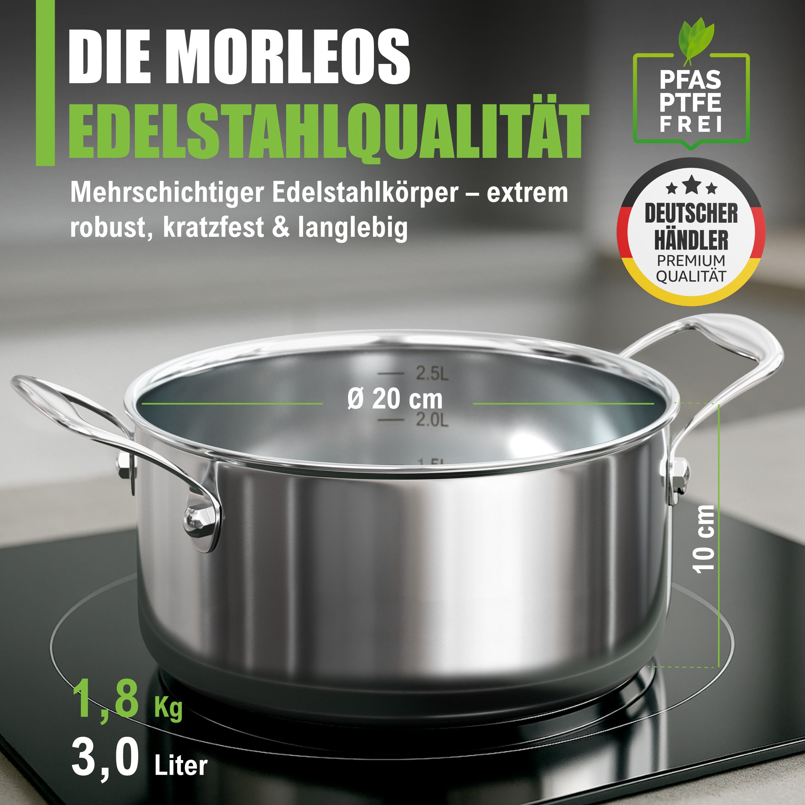 Morleos Kochtopf Ø 20 cm 3 Liter Edelstahl Suppentopf + flachem Glasdeckel, 18/10 Edelstahl (moderner flacher Glasdeckel mit Dampfloch, XSteel), Inkduktionsfähig bis 400 °C