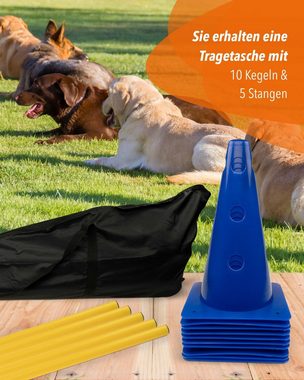Superhund Agility-Hürde Kegelhürden 5er Set mit Stange 100 cm Farbe Blau/Gelb, Kunststoff