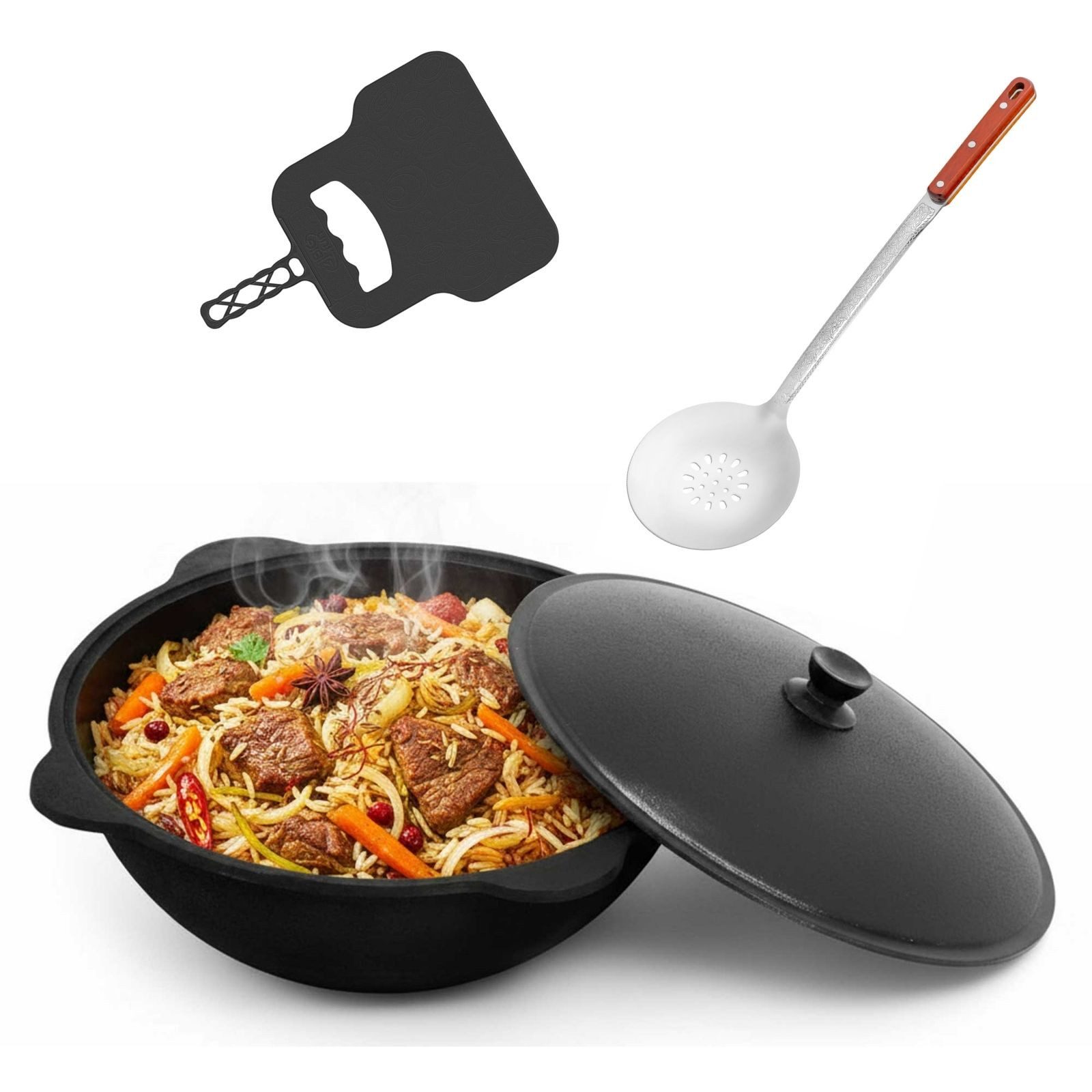 BIG-PAN Wok 8L Kazan aus Gusseisen mit Aluminium Deckel Schwenktopf Zubehör KESSEL