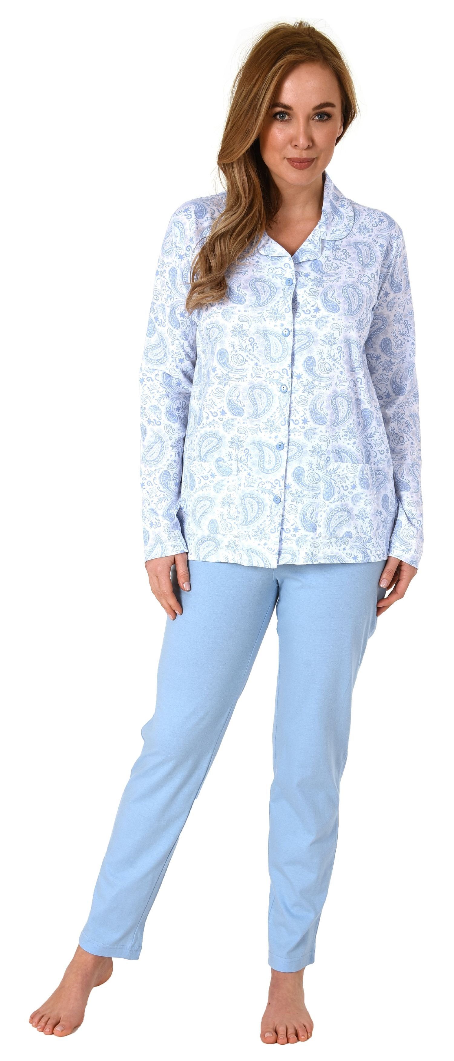 Normann Pyjama Damen Pyjama langarm zum durchknöpfen in Single Jersey Qualität hellblau