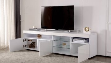 Ulife Lowboard Weißer TV-Schrank, Fernsehtisch, Fernschrank mit LED-Beleuchtung, Mit 2 Glasablagen