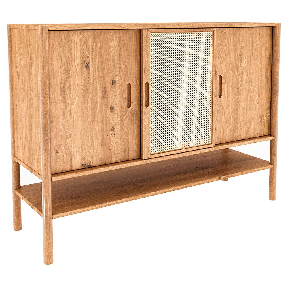 Lomadox Sideboard PORI-165, Eiche massiv geölt, 142 cm breit, Rattengeflecht, montierte Lieferung