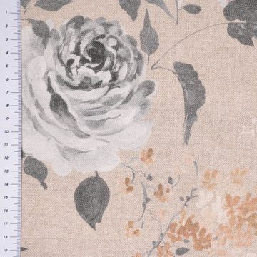 SCHÖNER LEBEN. Stoff Dekostoff Leinenoptik Romantic Flower Rosen beige grau 140cm, Digitaldruck