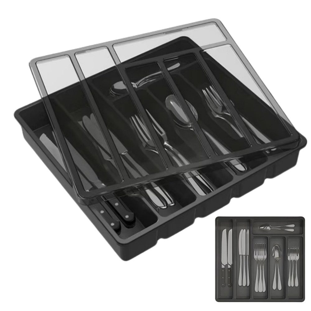 PFCTART Besteckkasten Schwarz Besteckkasten mit Deckel 6 Fächer (Besteckkasten für Schubladen aus Kunststoff für Löffel, Gabeln), Besteckaufbewahrung für Küchenschublade und Arbeitsplatte