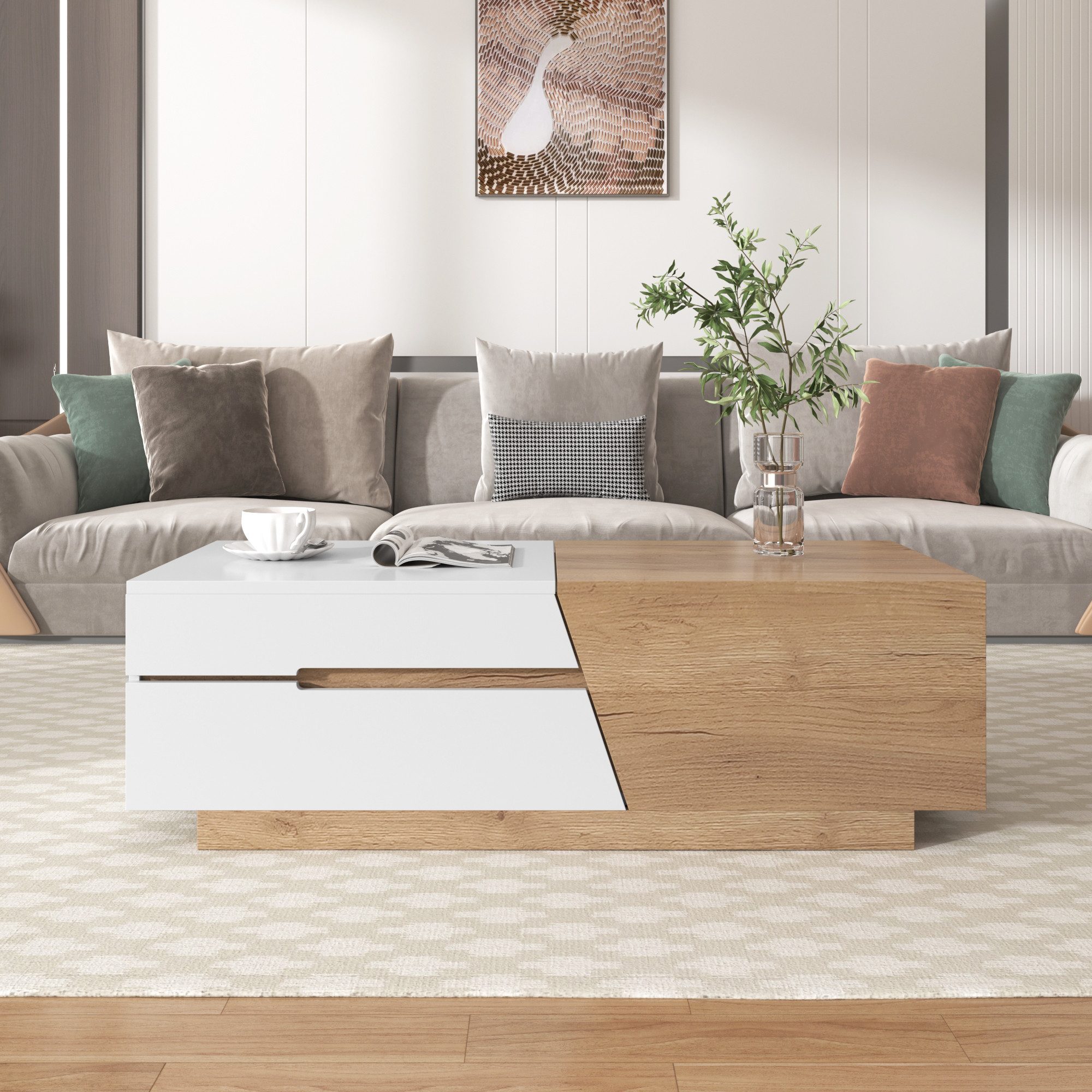 Sweiko Couchtisch Ausziehbarer Couchtisch, (Wohnzimmertisch mit Schubladen, 1-St., Beistelltisch mit Farbblockstruktur und verstecken Stauraum) – Bild 3 von 5