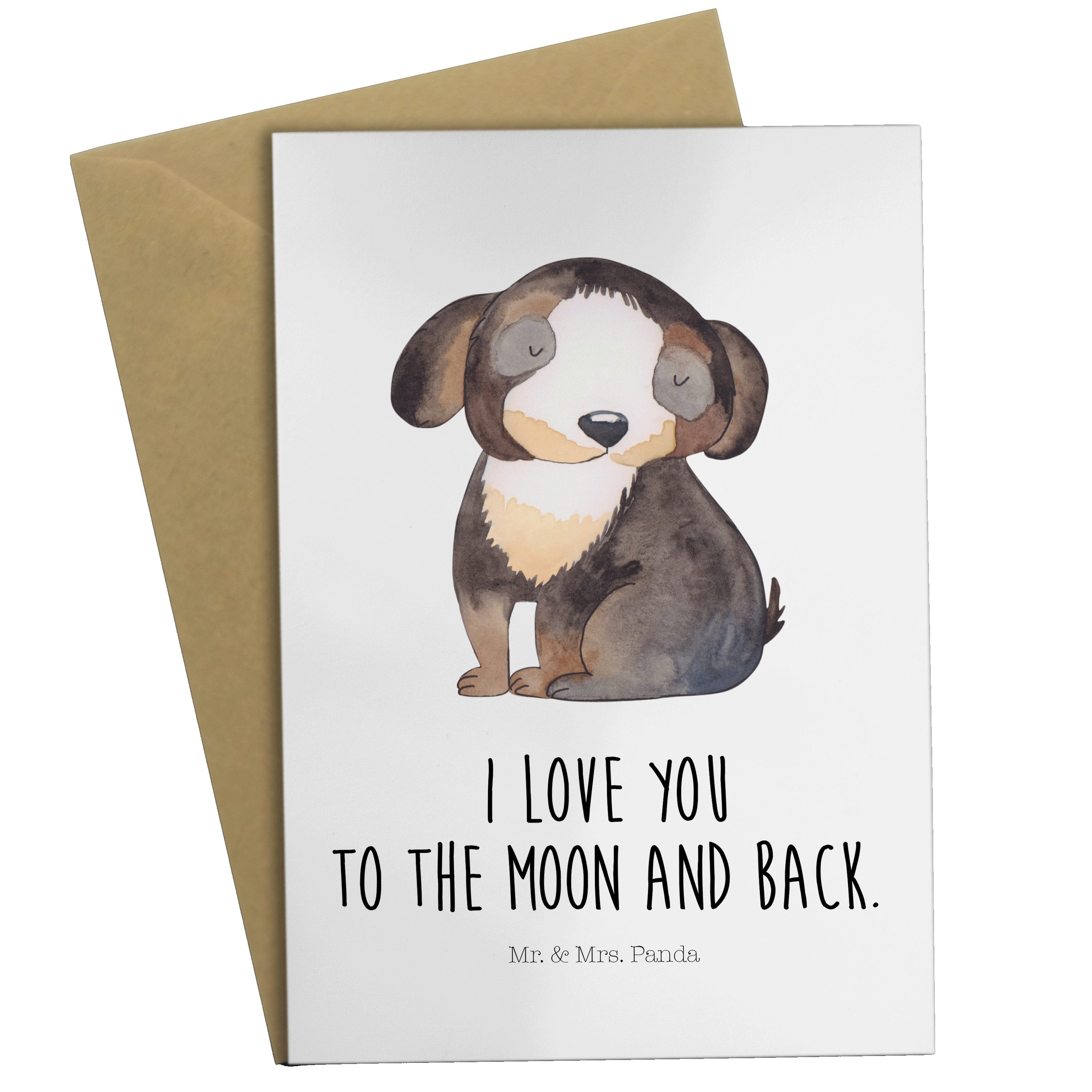 Mr. & Mrs. Panda Grußkarte Hund entspannt - Weiß - Geschenk, Hochzeitskarte, Hundebesitzer, Einl