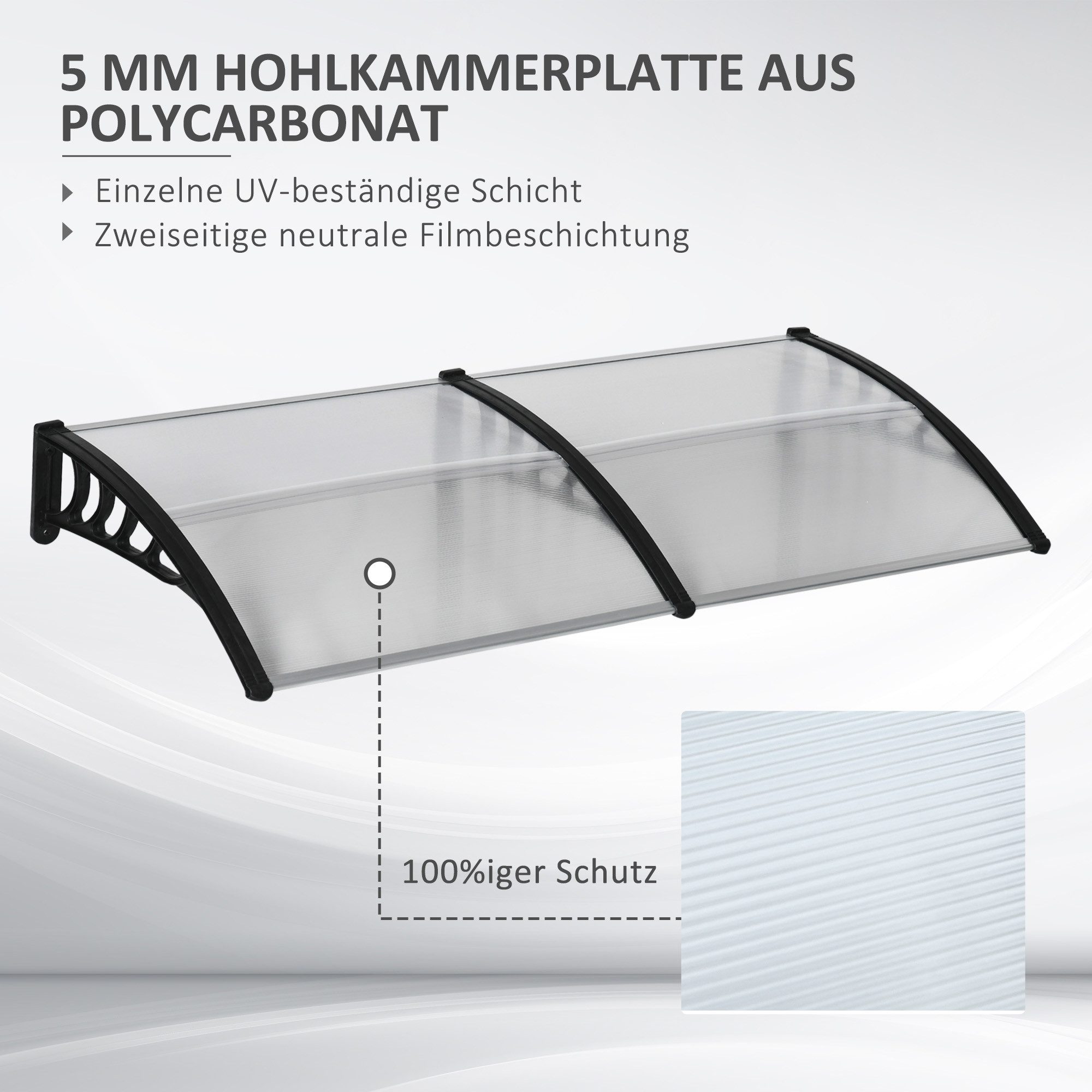 Outsunny Pultvordach Vordach aus Polycarbonat und Aluminium (Überdachung, 1 St., Vordach), 200cm x 96cm x 27cm, Transparent+Schwarz – Bild 4 von 5