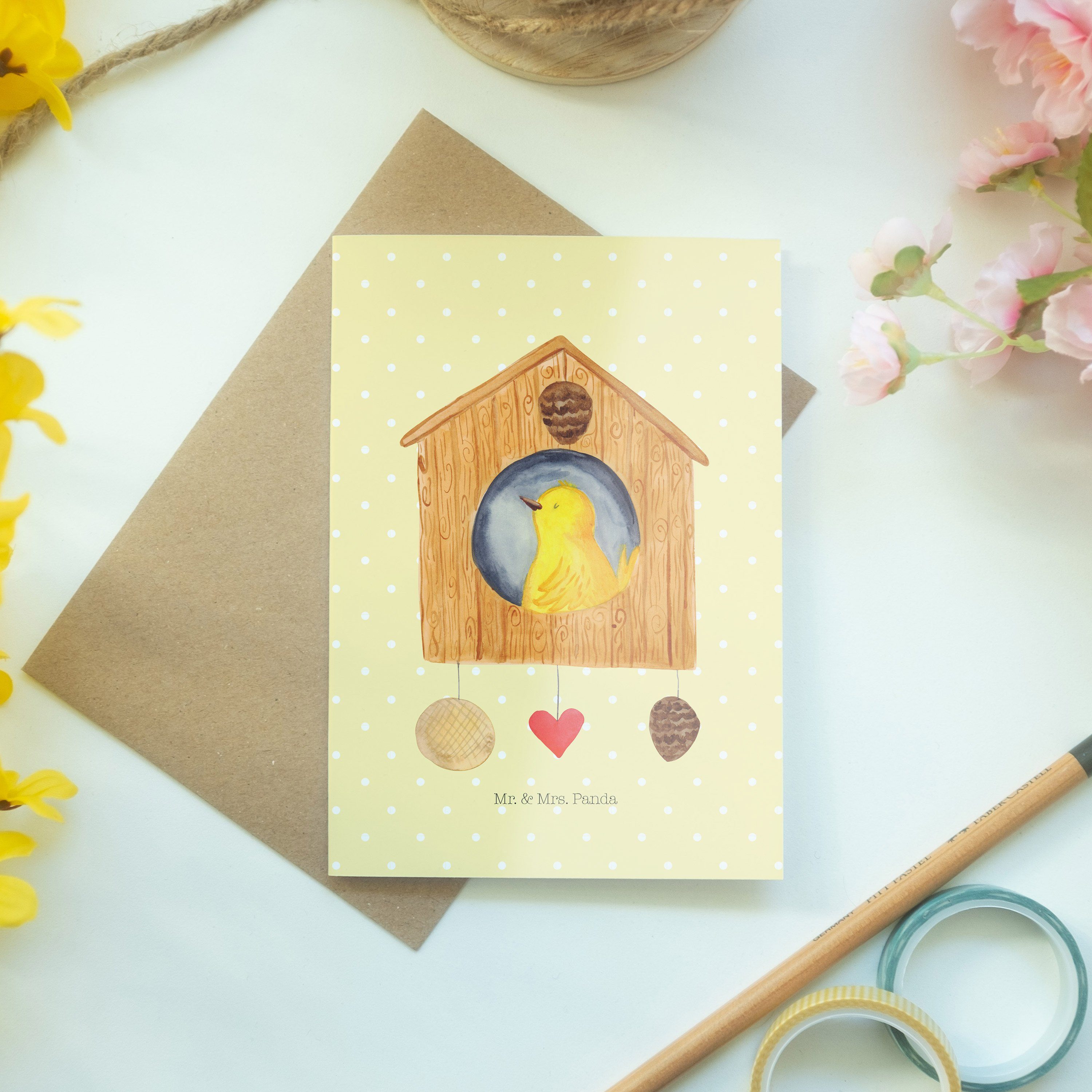 Tiermotive, Geb Grußkarte Geschenk, & Gelb Einladungskarte, - Mr. Panda Mrs. - Pastell Vogelhaus