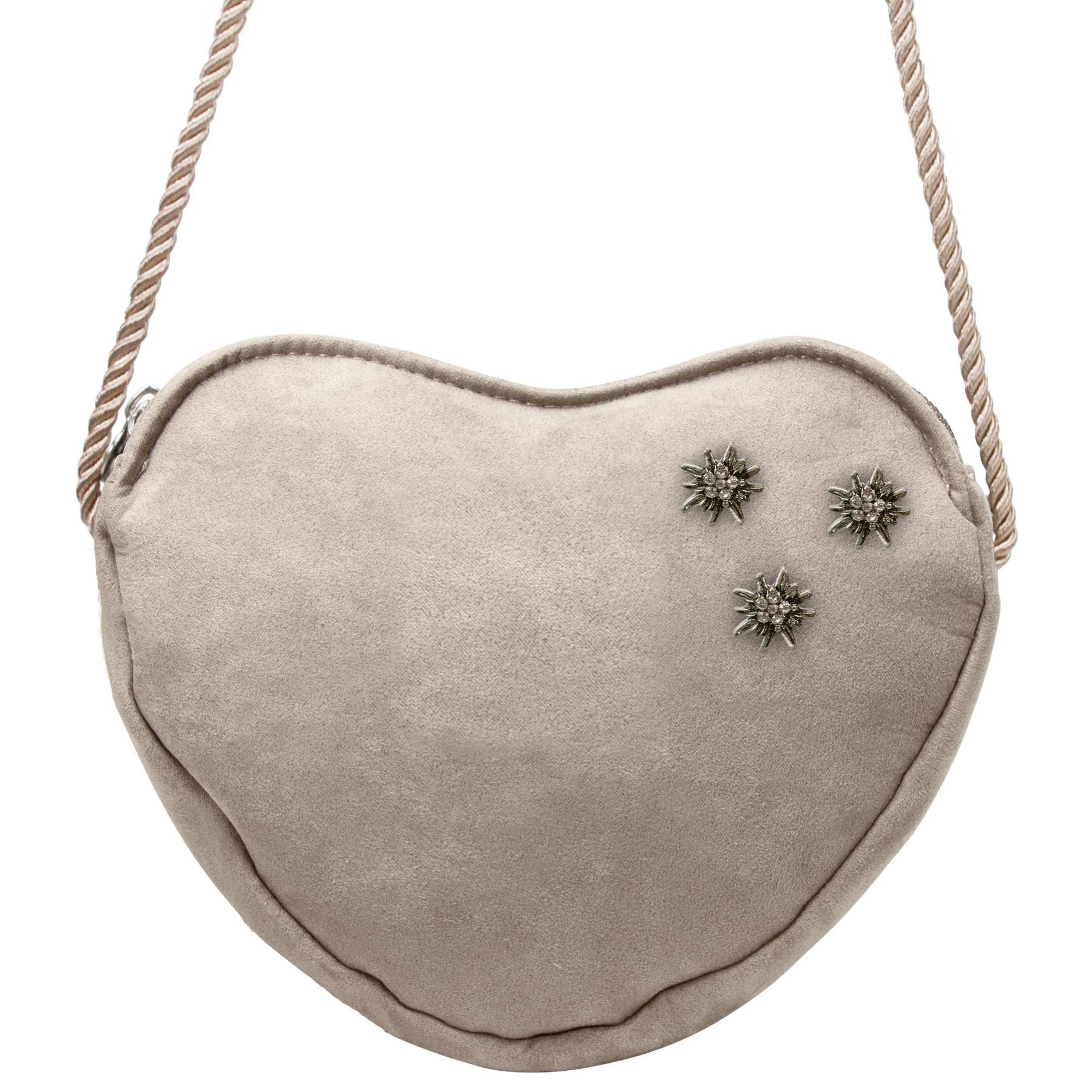 Alpenflüstern Schultertasche Herztasche Strass-Edelweiß Mini (taupe-grau), - Damen Trachtentasche in Herzform, Schultertasche fürs Dirndl, Herz H