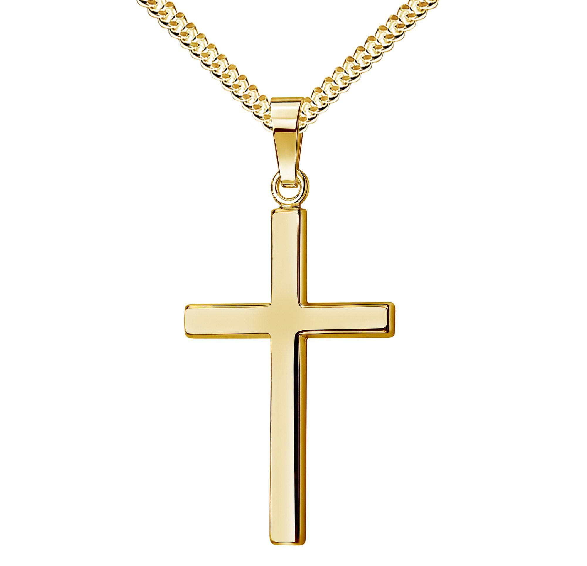 JEVELION Kreuzkette groß Kreuz Anhänger 750 Gold - Made in Germany  (Goldkreuz, für Damen und Herren), MIT KETTE vergoldet- Länge wählbar 36 -  70 cm.