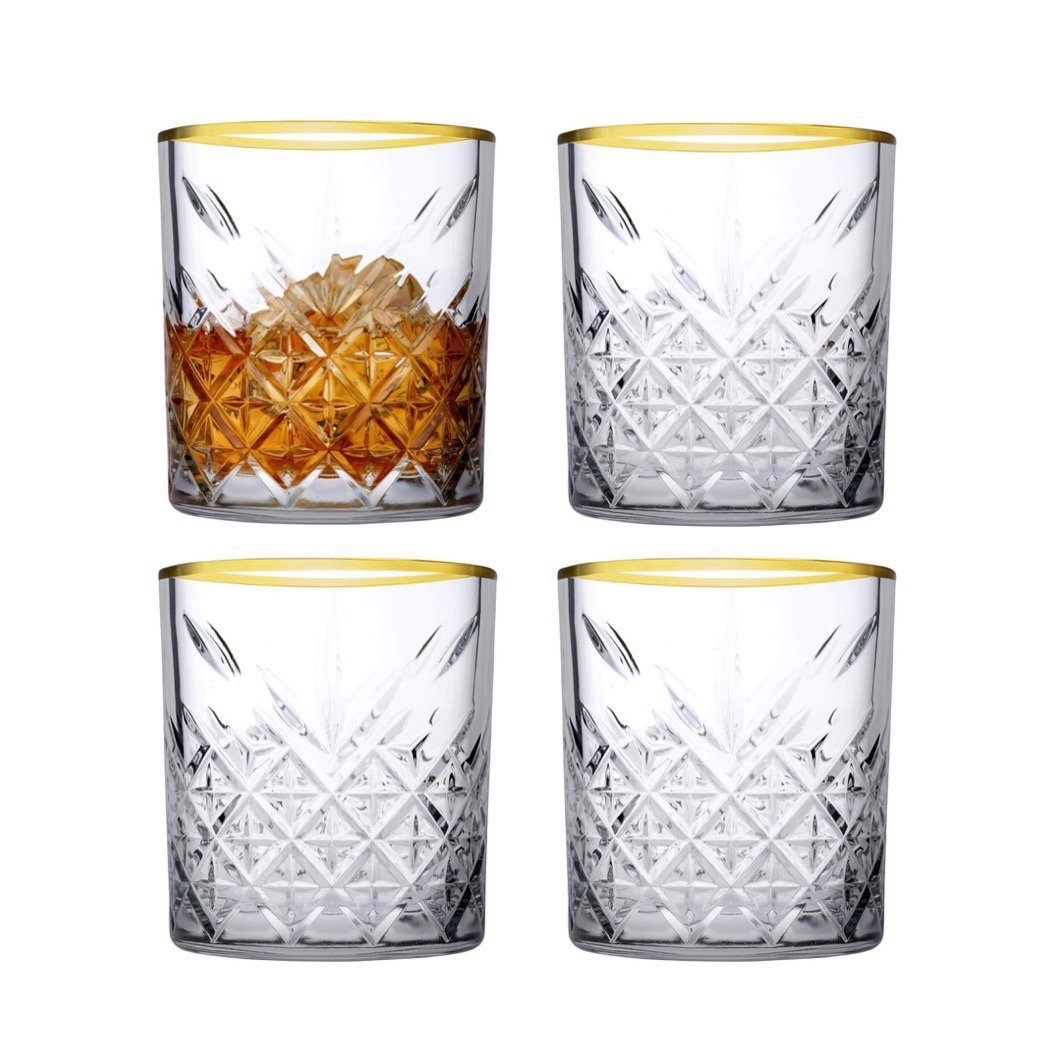 Pasabahce Whiskyglas Tumbler Timeless im Kristall-Design, 345 ml, 4 Stück, Goldrand