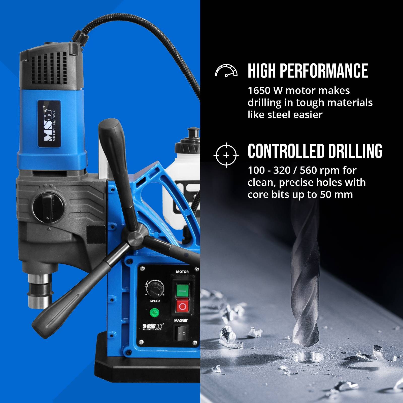MSW Kernbohrmaschine Magnet-Bohrmaschine mit Vakuum 1650 W 560 U/min 3 kN für 13/50 mm, 230 V, max. 560 U/min