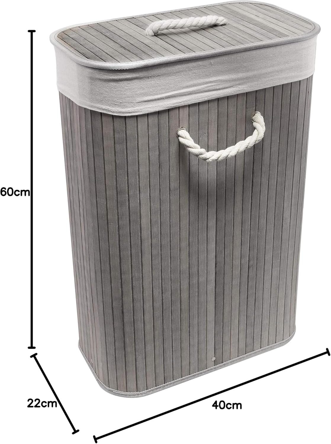 Euroshowers GmbH Wäschekorb Bambus Grau 40 × 22 × 60 cm mit Deckel und Stoffbeutel